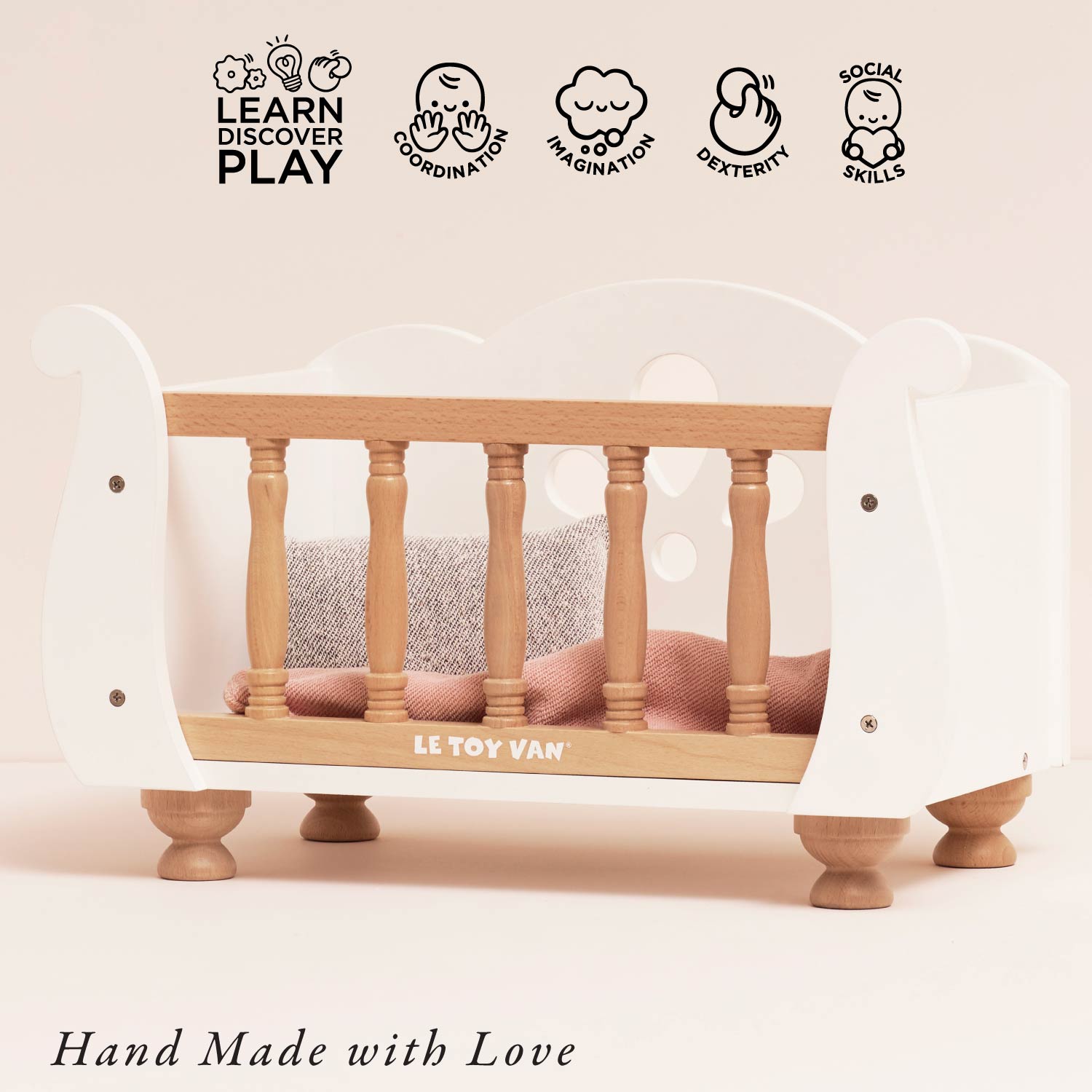 Handmade Ley Toy Van Dolls Cot promotes coordination, imagination, and social skills, crafted from sustainable wood for eco-conscious play.