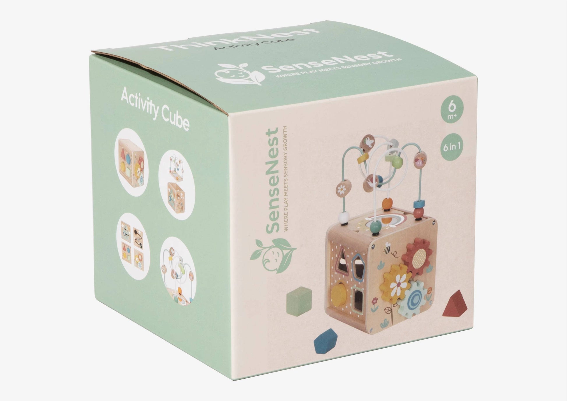 Retail packaging of ThinkNest - Wooden Activity Cube, highlighting 6-in-1 eco-friendly learning features for babies 6 months and up.