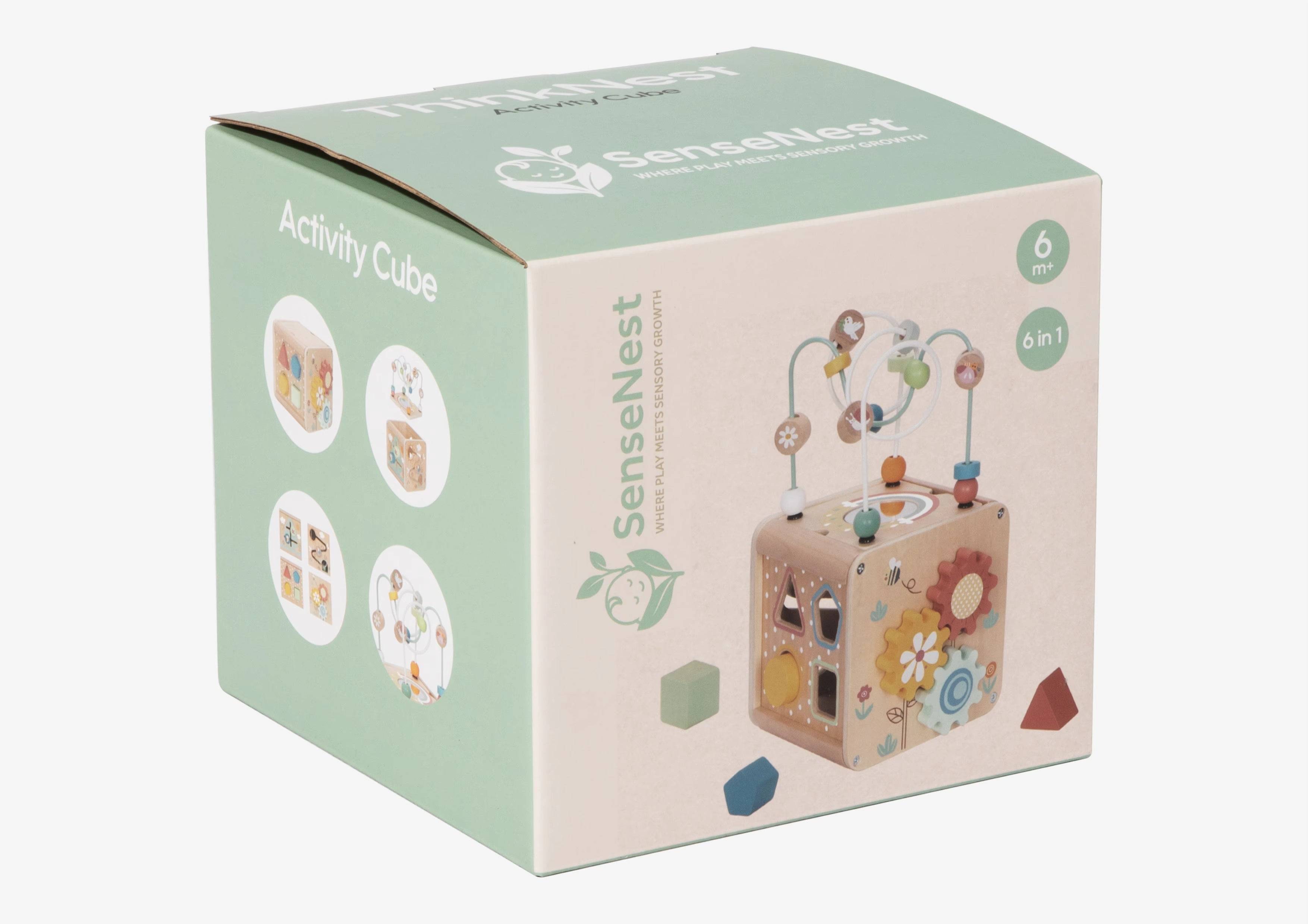 Retail packaging of ThinkNest - Wooden Activity Cube, highlighting 6-in-1 eco-friendly learning features for babies 6 months and up.