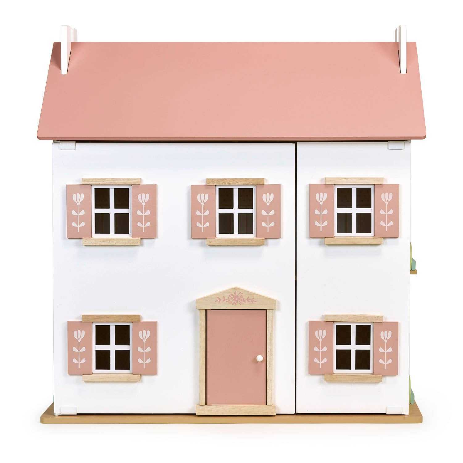Mentari Clover Dolls House: Wooden Dolls House 2 Storey Playhouse with pink roof, floral shutters, and front-opening design for ages 3+.
