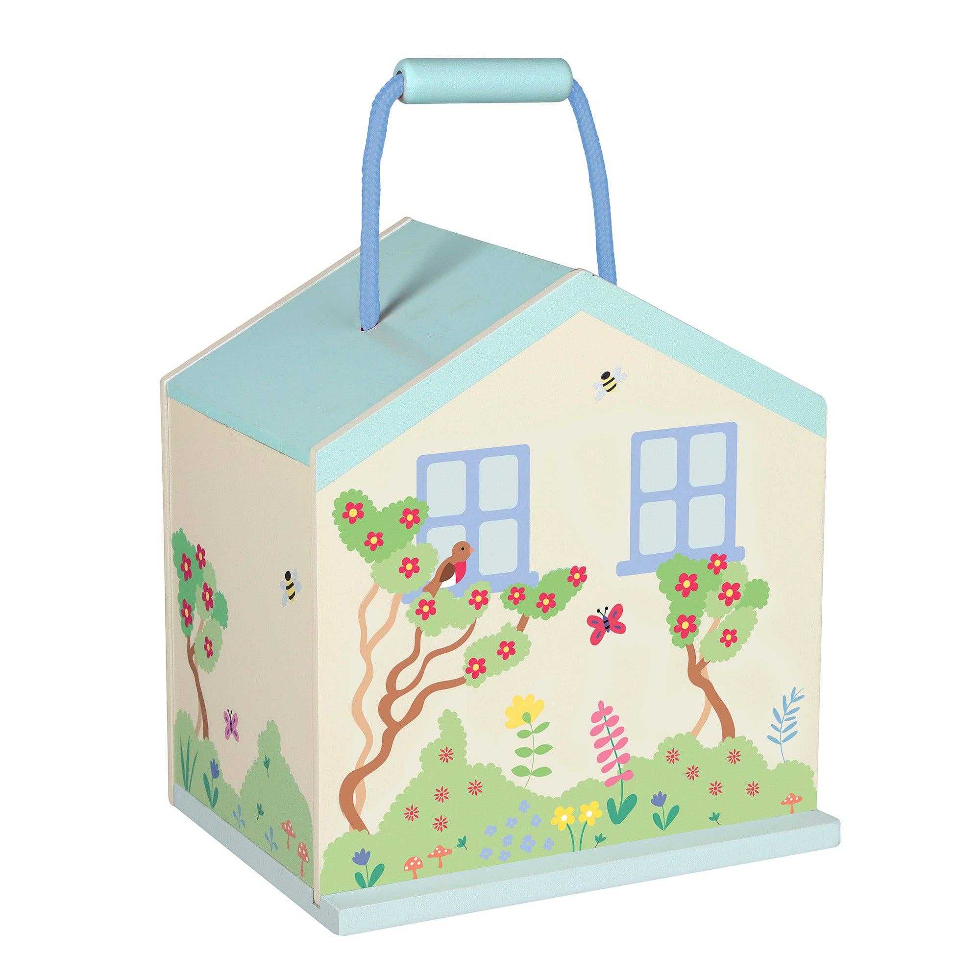 Back view of Orange Tree Toys Wooden Peter Rabbit™ Character Play Set house with floral illustrations and carry handle for easy transport.