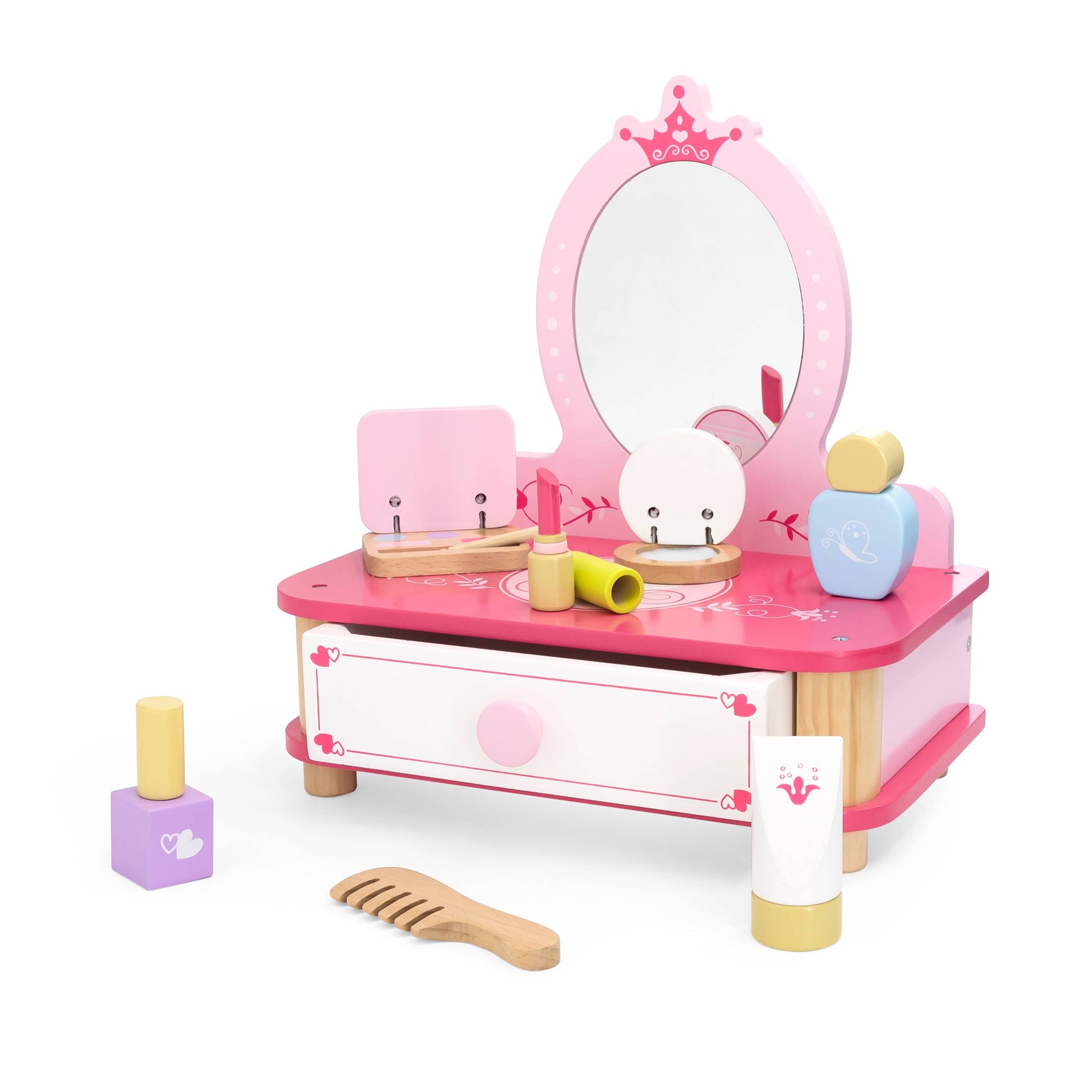 Wooden vanity makeup set with pretend beauty accessories, including a mirror, comb, and cosmetic items. Ideal for safe and imaginative play.