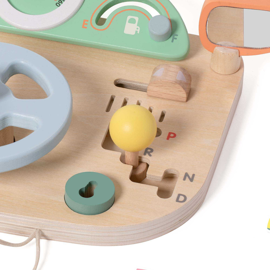 Multi-function wooden car dashboard toy with steering wheel, gear shift, and interactive buttons for imaginative vehicle role play. Ideal for ages 2+.