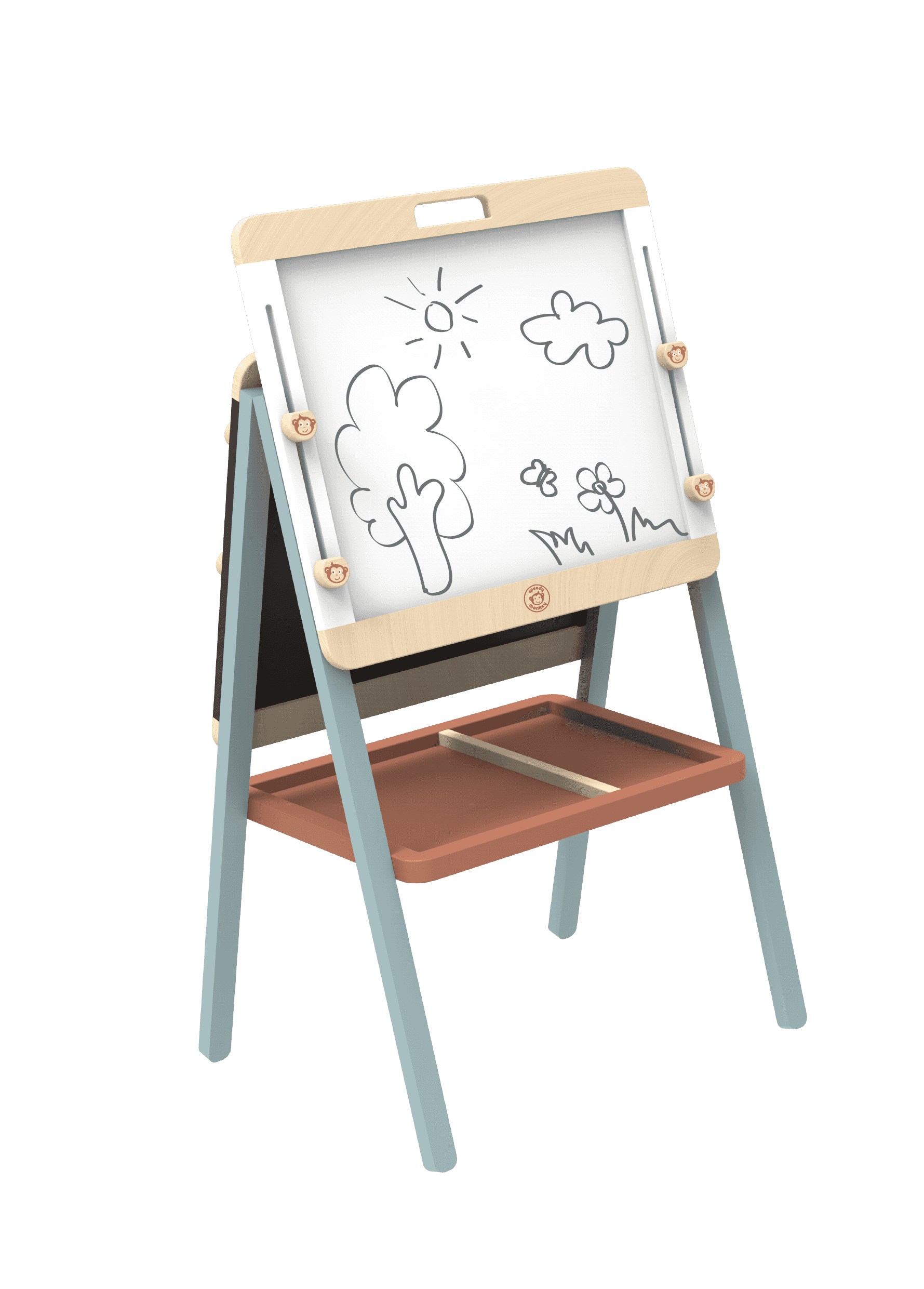 Angled view of Speedy Monkey Childs Wooden Adjustable Easel & Chalk Board with whiteboard side up. Includes tray for art supplies and sturdy wooden legs.