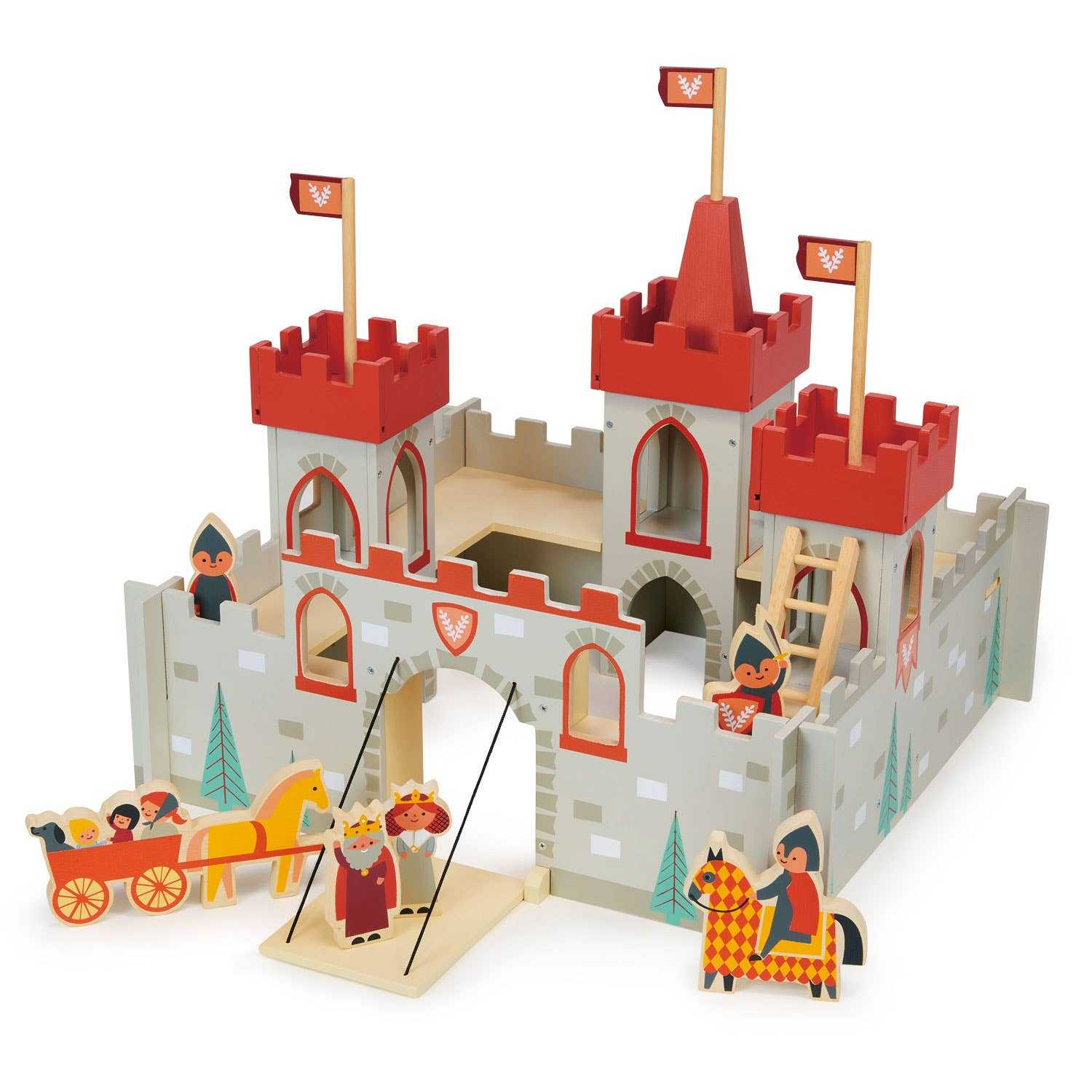 Mentari Wooden King's Castle Toy Play Set includes a drawbridge, towers, guards, and royal figures, designed for children aged 3+ to encourage role-playing fun.