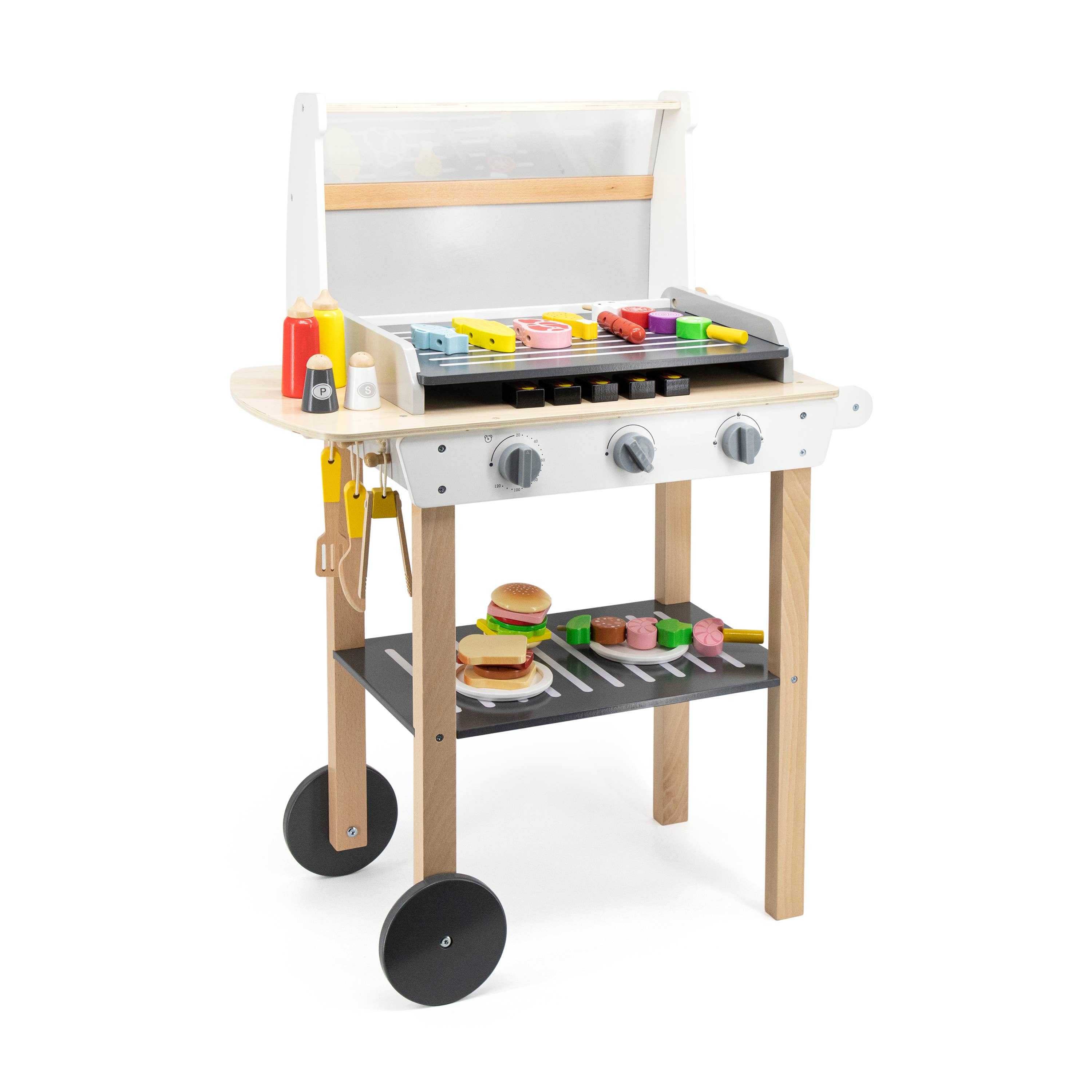 Wooden BBQ play set with 47 accessories, featuring a realistic grill, condiments, and play food. Ideal for pretend play and role-playing chefs.