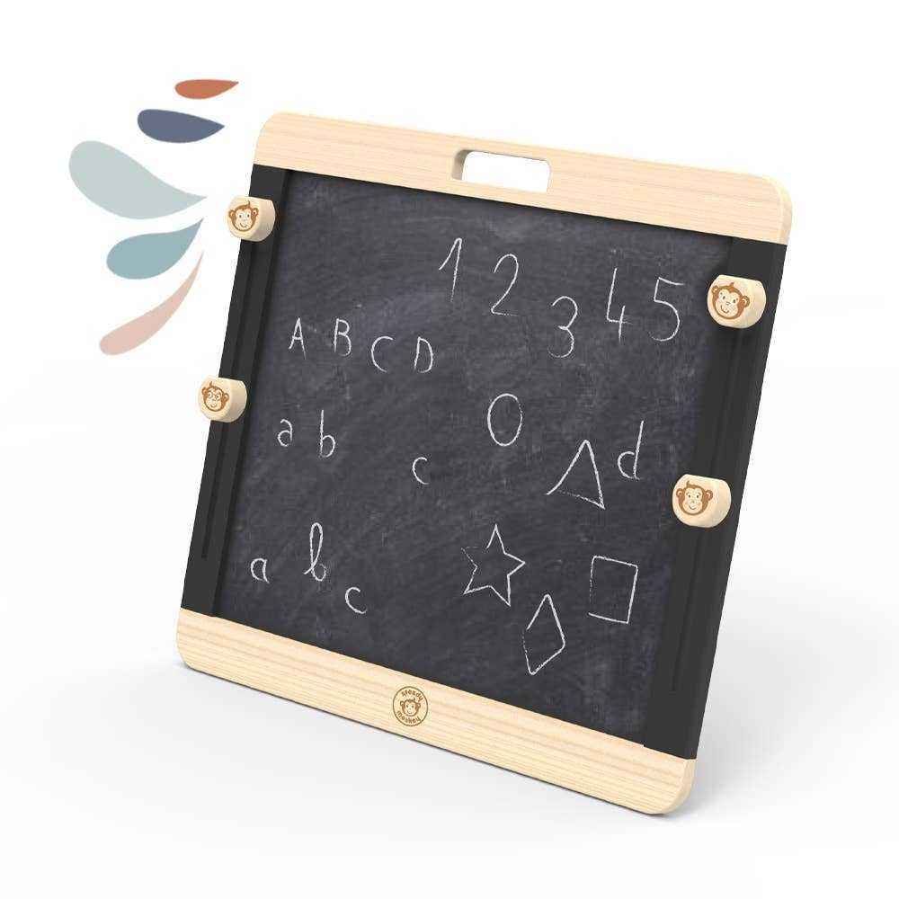 Removable blackboard panel from Speedy Monkey Childs Wooden Adjustable Easel & Chalk Board, showing alphabet and shapes. Great for tabletop learning activities.