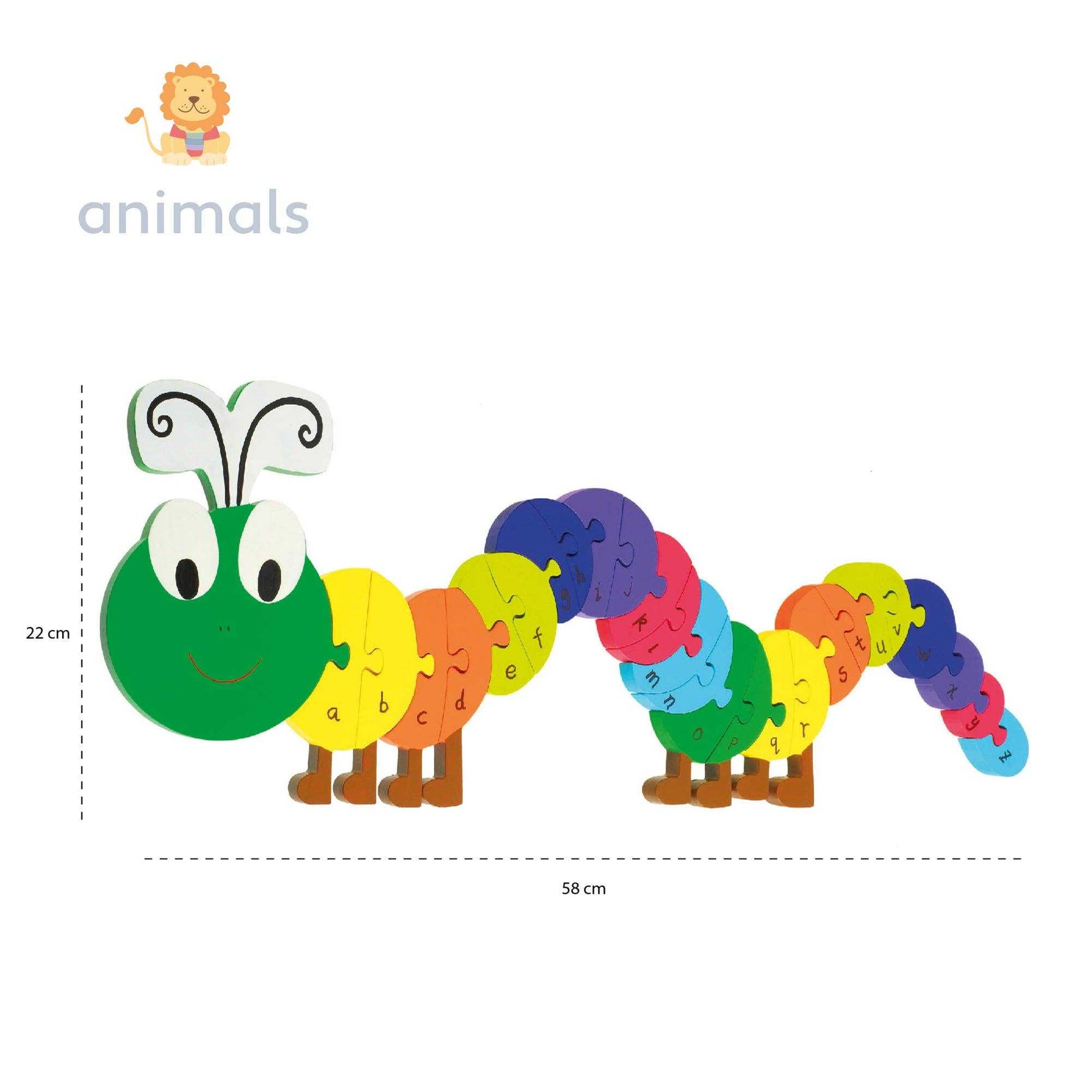 ABC Puzzle - Vibrant Wooden Caterpillar Alphabet Toy with colorful lettered segments for toddlers. Educational wooden puzzle for ages 1-4.