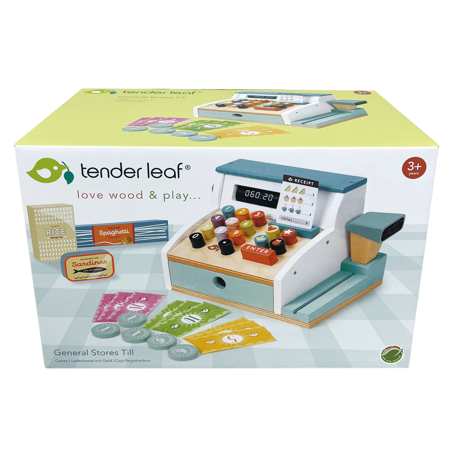 Retail packaging of Wooden Role Play Shop Till & Scanner - General Stores Till by Tender Leaf, ideal for ages 3+ and pretend play.