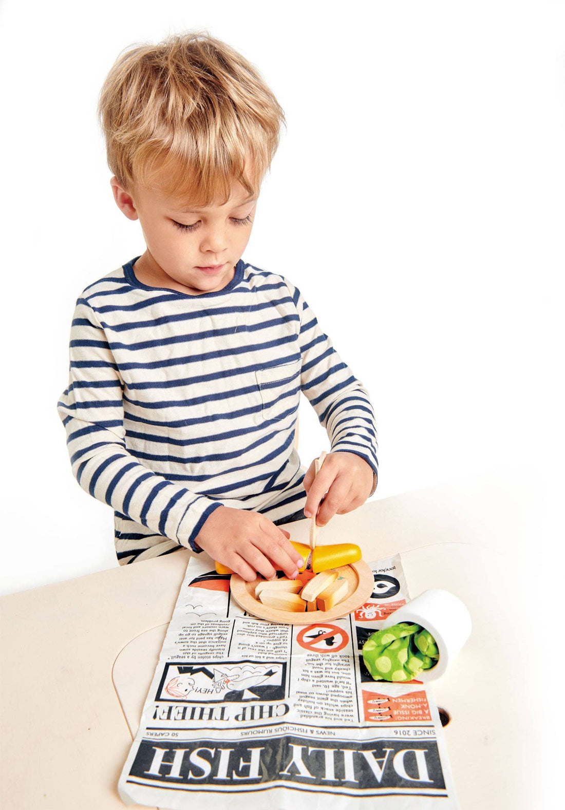Fish and Chips Supper wooden play food set featuring a fish fillet, chips, peas, and a newspaper wrap with playful articles. Ideal for kids' pretend play.