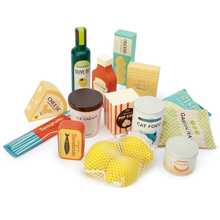 Supermarket Shop Grocery Set Wooden Toy Play Set featuring colorful wooden play food items like cheese, ice cream, and olive oil for pretend play.