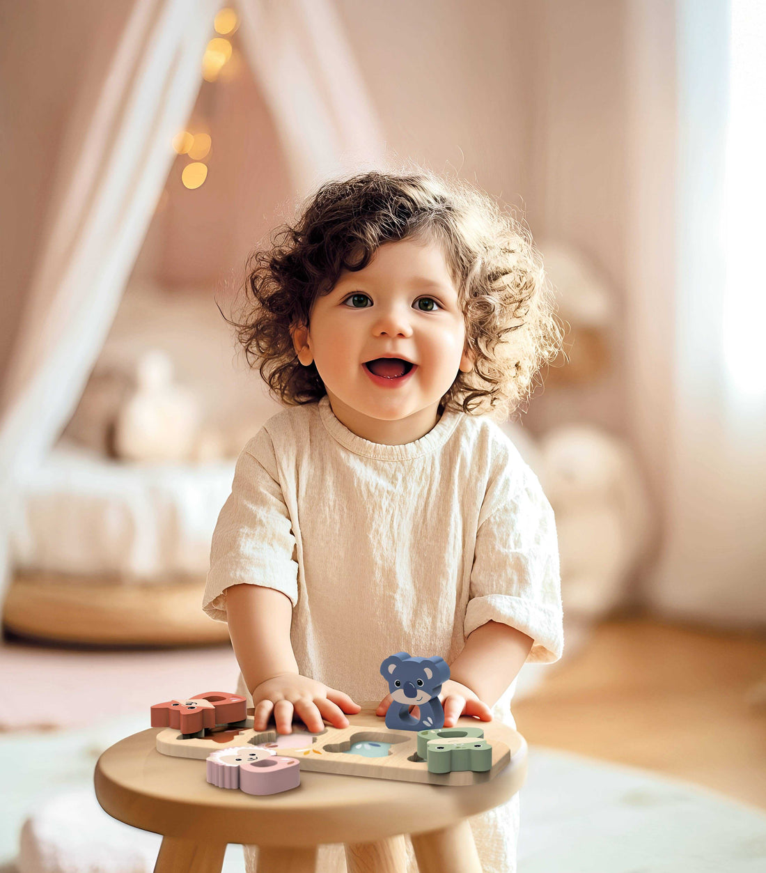 Speedy Monkey Wooden Animals Puzzle Shape Toy featuring frog, koala, hedgehog, and fox pieces with matching wooden board for toddlers.