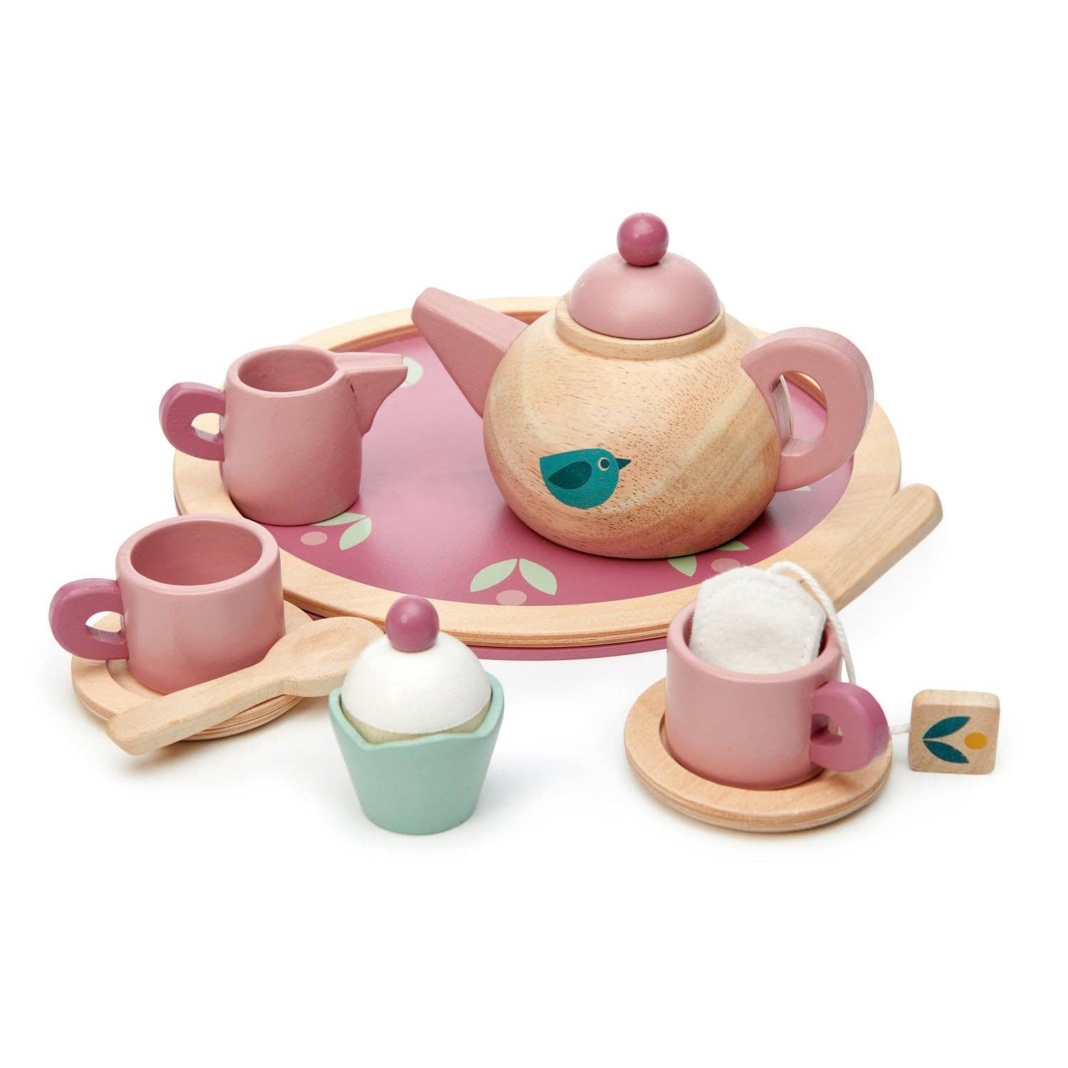 Birdie Tea Tray Set - Wooden Role Play Toy featuring a pink and natural wood tea set with a bird motif, including a teapot, cups, saucers, and accessories.