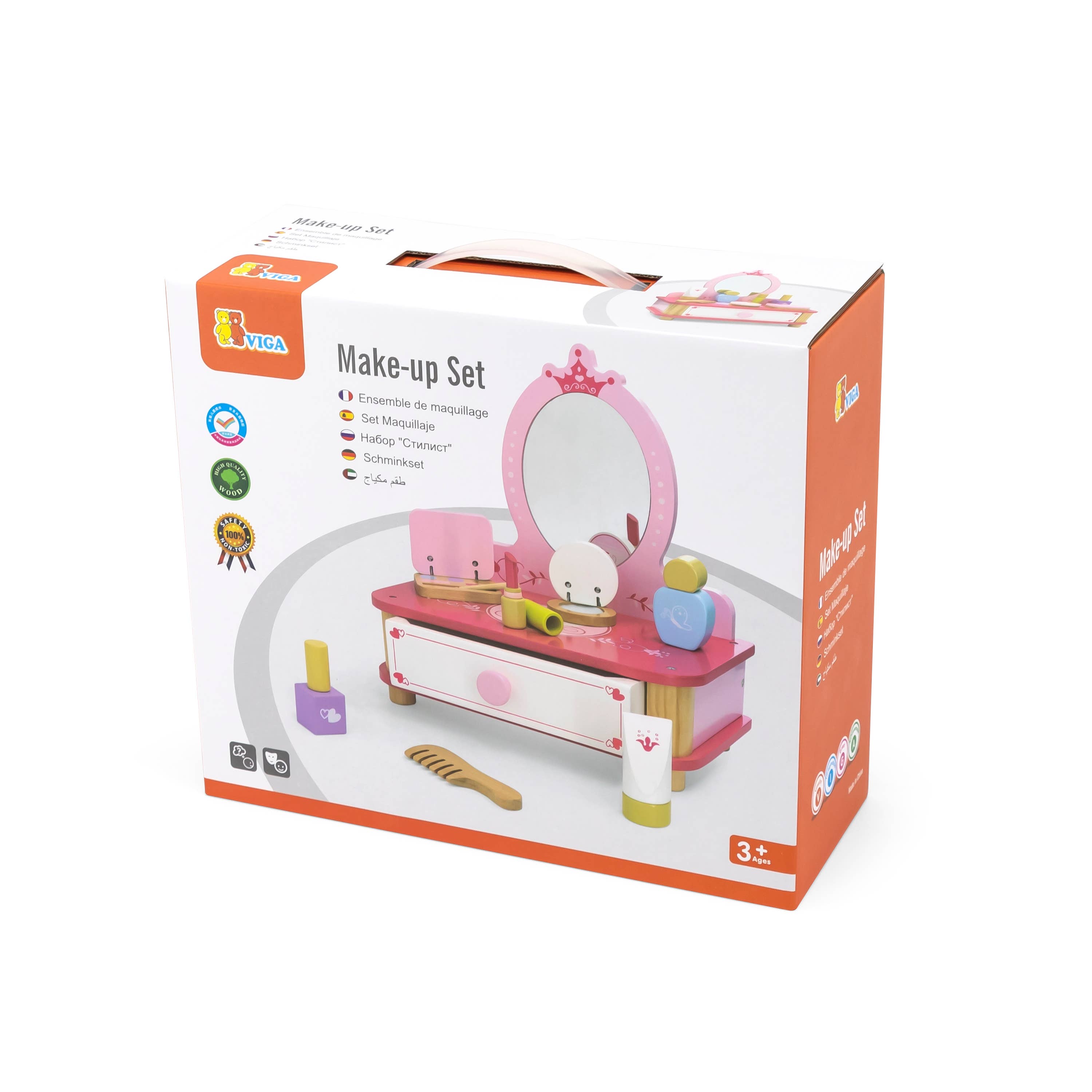 Viga wooden makeup set packaging featuring a vanity table, mirror, and pretend beauty accessories. Safe and durable toy for kids aged 3+.