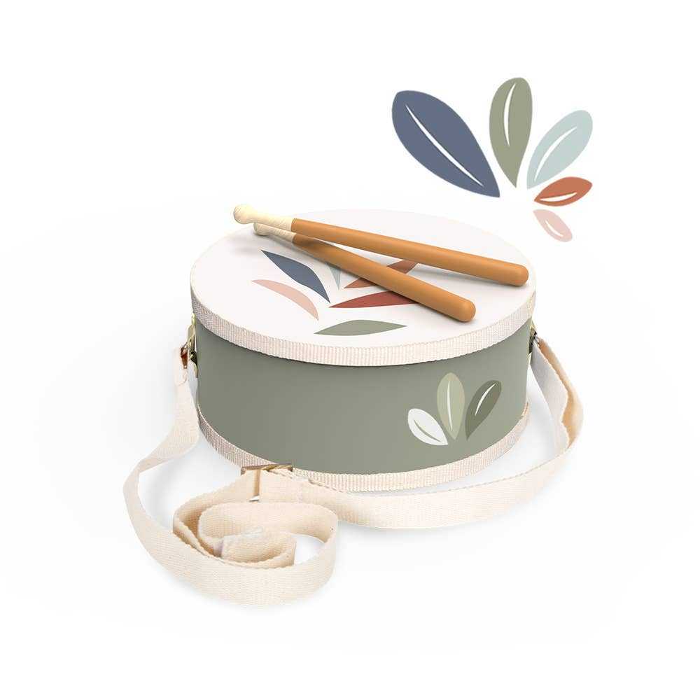 Speedy Monkey Childs Wooden Toy Drum - childs drum for ages 2+ with multicolour leaf design, wooden drumsticks, and adjustable shoulder strap.