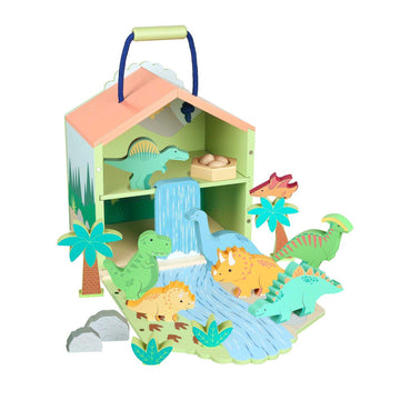 Wooden Dinosaur Toy Play Set - 21 Pieces inc Trex by Orange Tree Toys featuring colorful dinosaurs, a waterfall, and a fold-out playhouse.