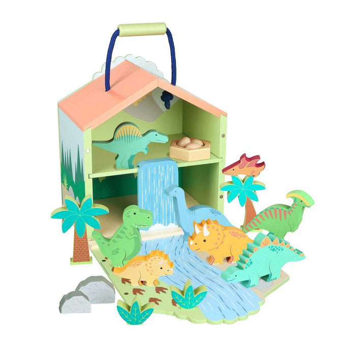 Wooden Dinosaur Toy Play Set - 21 Pieces inc Trex by Orange Tree Toys featuring colorful dinosaurs, a waterfall, and a fold-out playhouse.