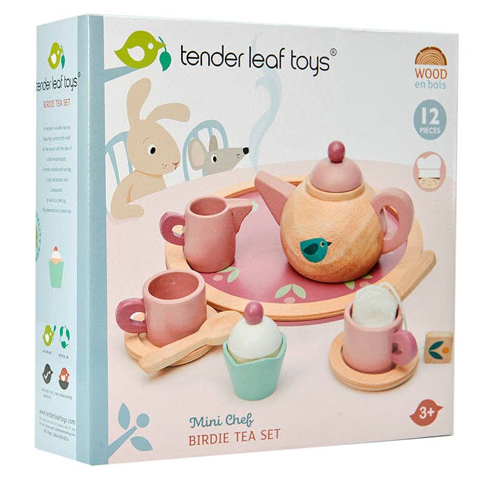 Packaging of the Birdie Tea Tray Set - Wooden Role Play Toy by Tender Leaf Toys, showcasing the 12-piece wooden tea set with a bird motif for ages 3+.