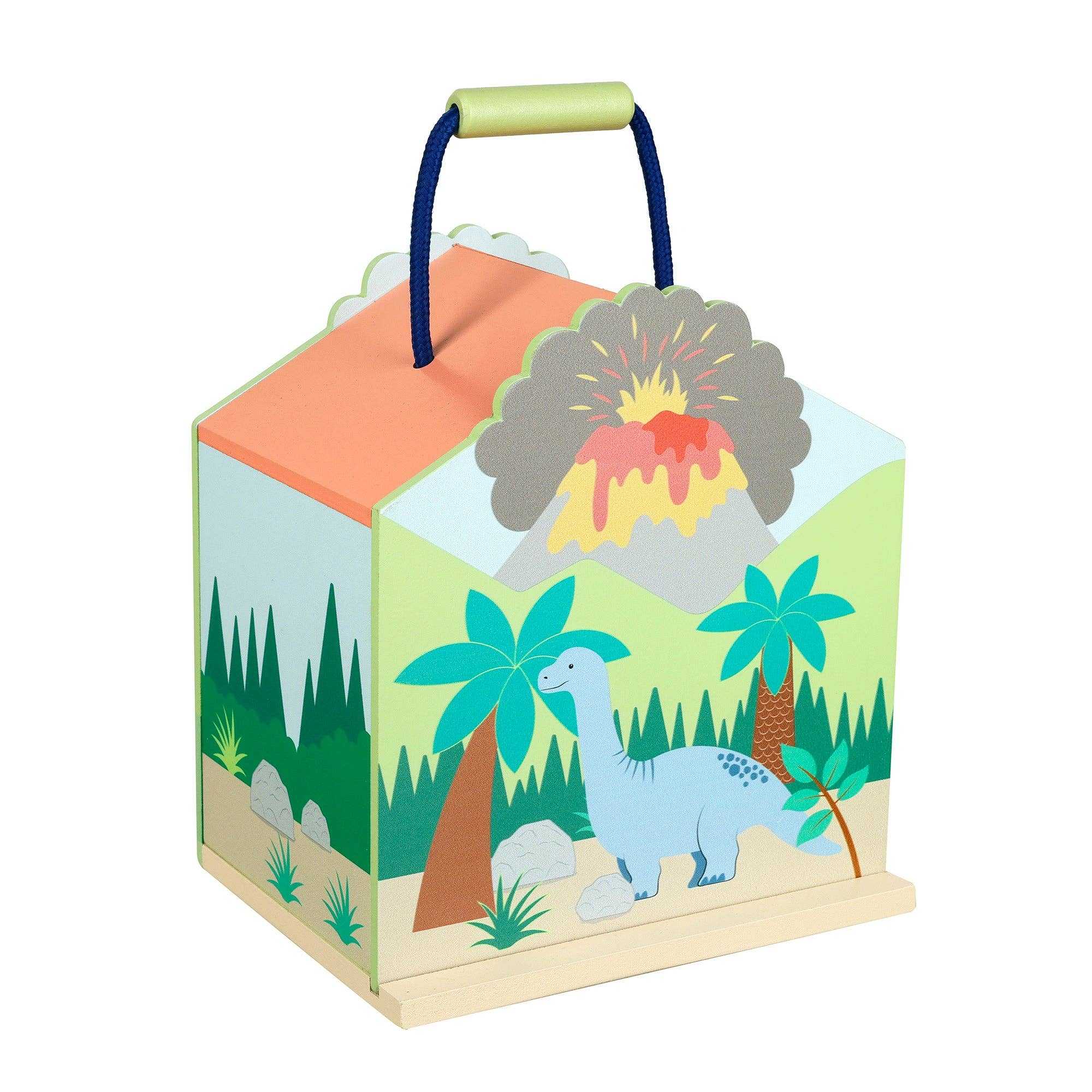 Closed volcano-themed carry case from the Wooden Dinosaur Toy Play Set by Orange Tree Toys, ideal for portable play and storage.