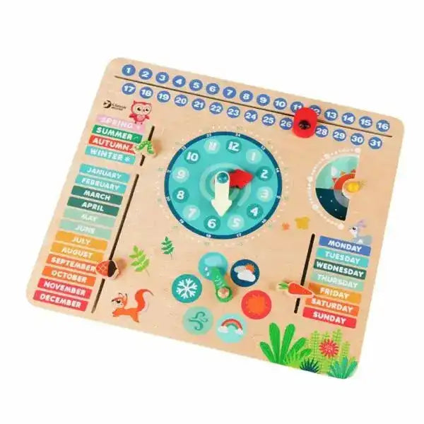 Wooden Educational Toy: Forest Calendar with colorful sliders for date, time, weather, and seasons. Ideal learning board for kids aged 3+.