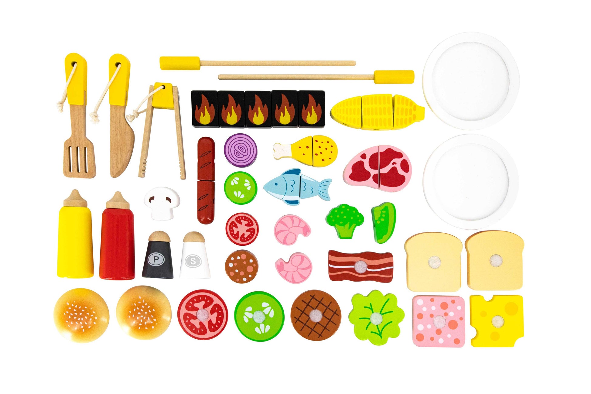 Complete set of 47 wooden BBQ accessories, including skewers, condiments, plates, and various food items for imaginative cooking fun.