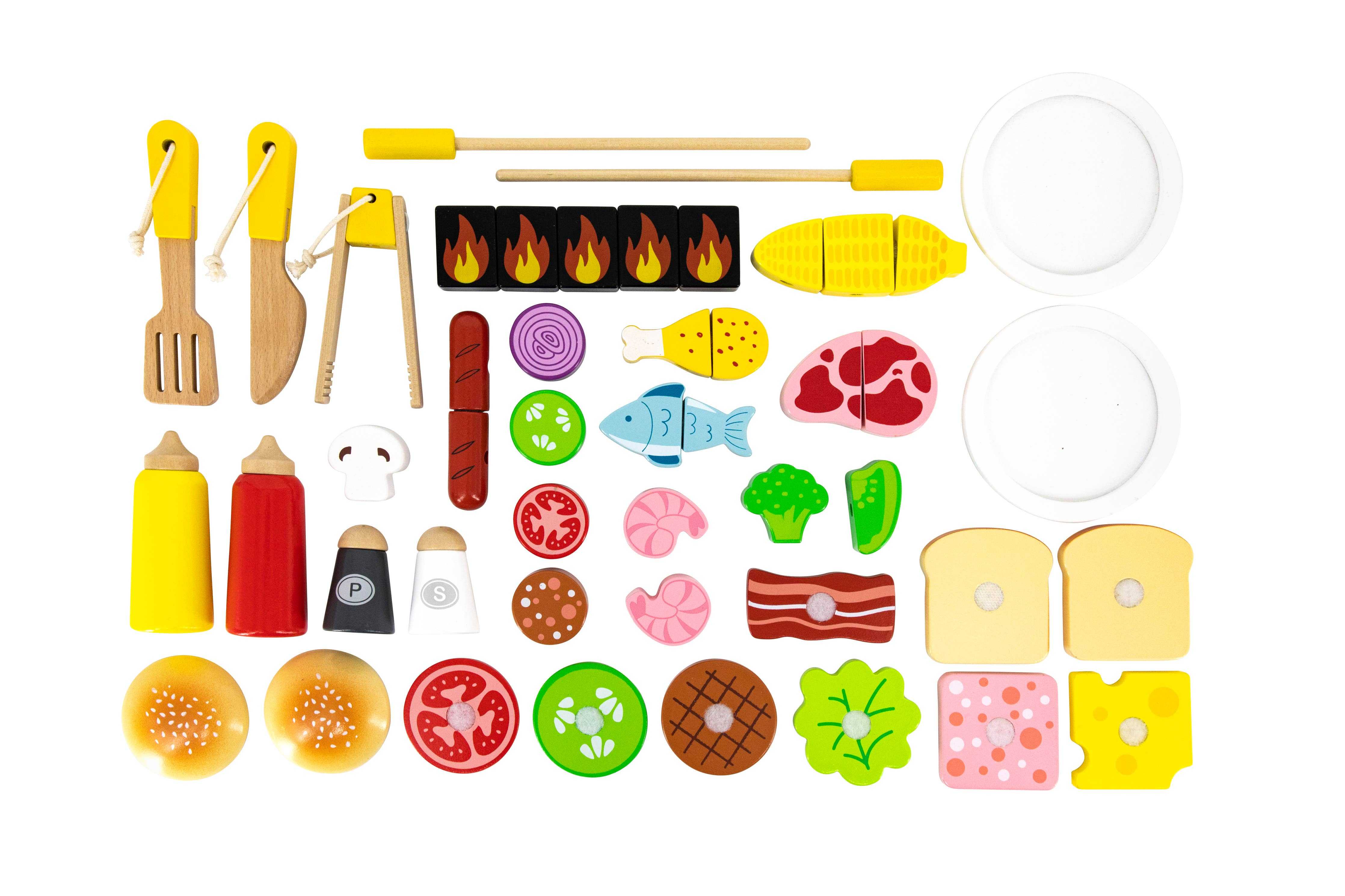 Complete set of 47 wooden BBQ accessories, including skewers, condiments, plates, and various food items for imaginative cooking fun.
