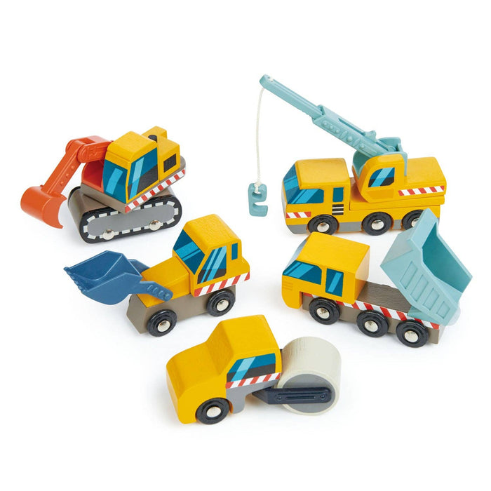 Building Site Wooden Play Vehicles Set - Digger, Crane, Dump Truck - Imagination Wooden Toys