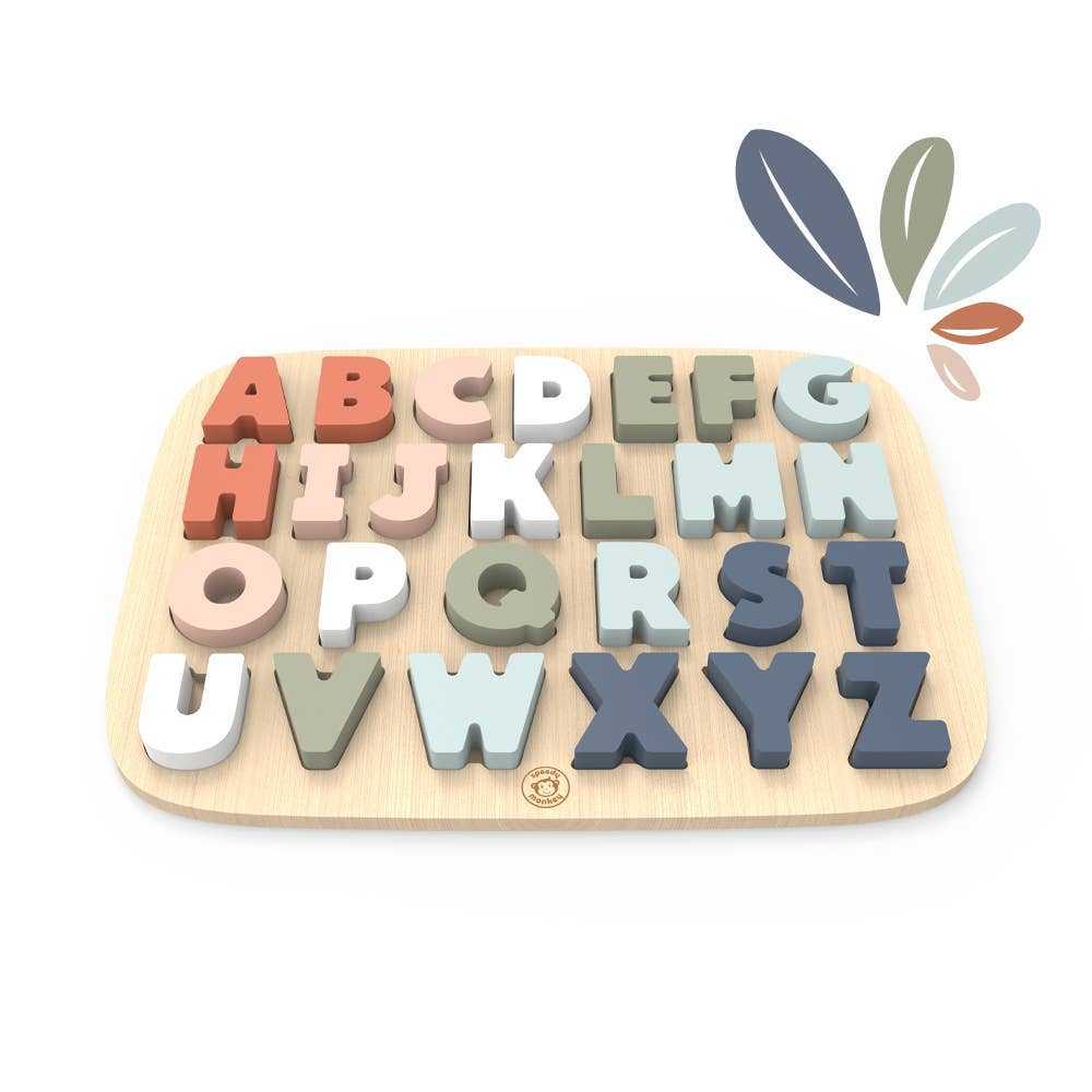 Speedy Monkey wooden alphabet puzzle with colorful 3D letters on a natural wood board. Fun learning toy for toddlers aged 12+ months.