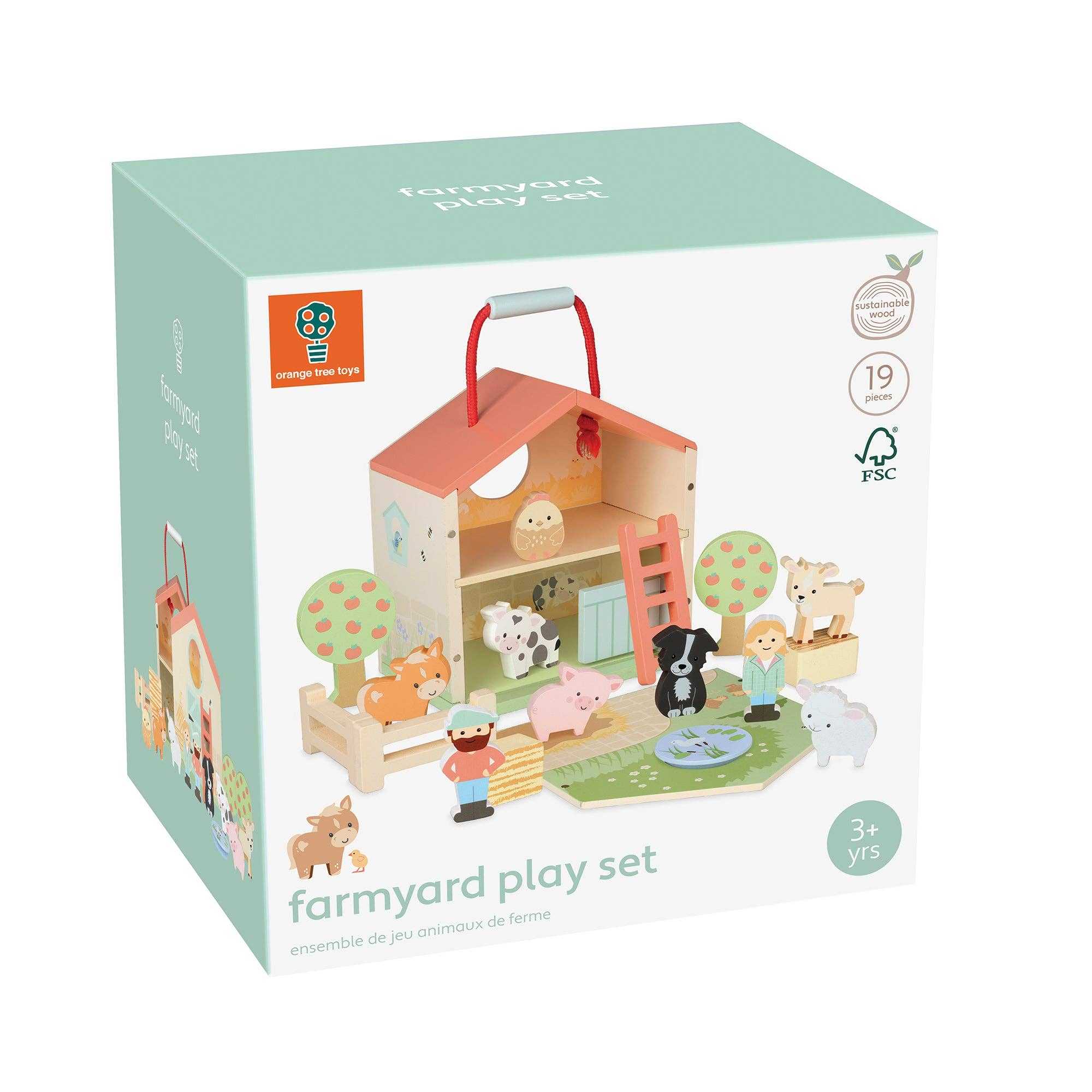Retail packaging of Wooden Farmyard Animals Toy Play Set - 19 pieces inc farmer & wife, ideal for gifting and suitable for children aged 3+.