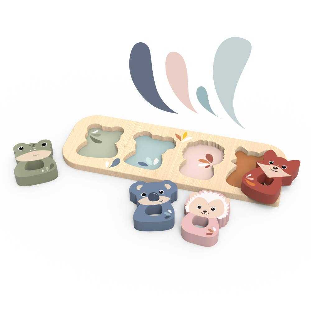 Speedy Monkey Wooden Animals Puzzle Shape Toy featuring frog, koala, hedgehog, and fox pieces with matching wooden board for toddlers.