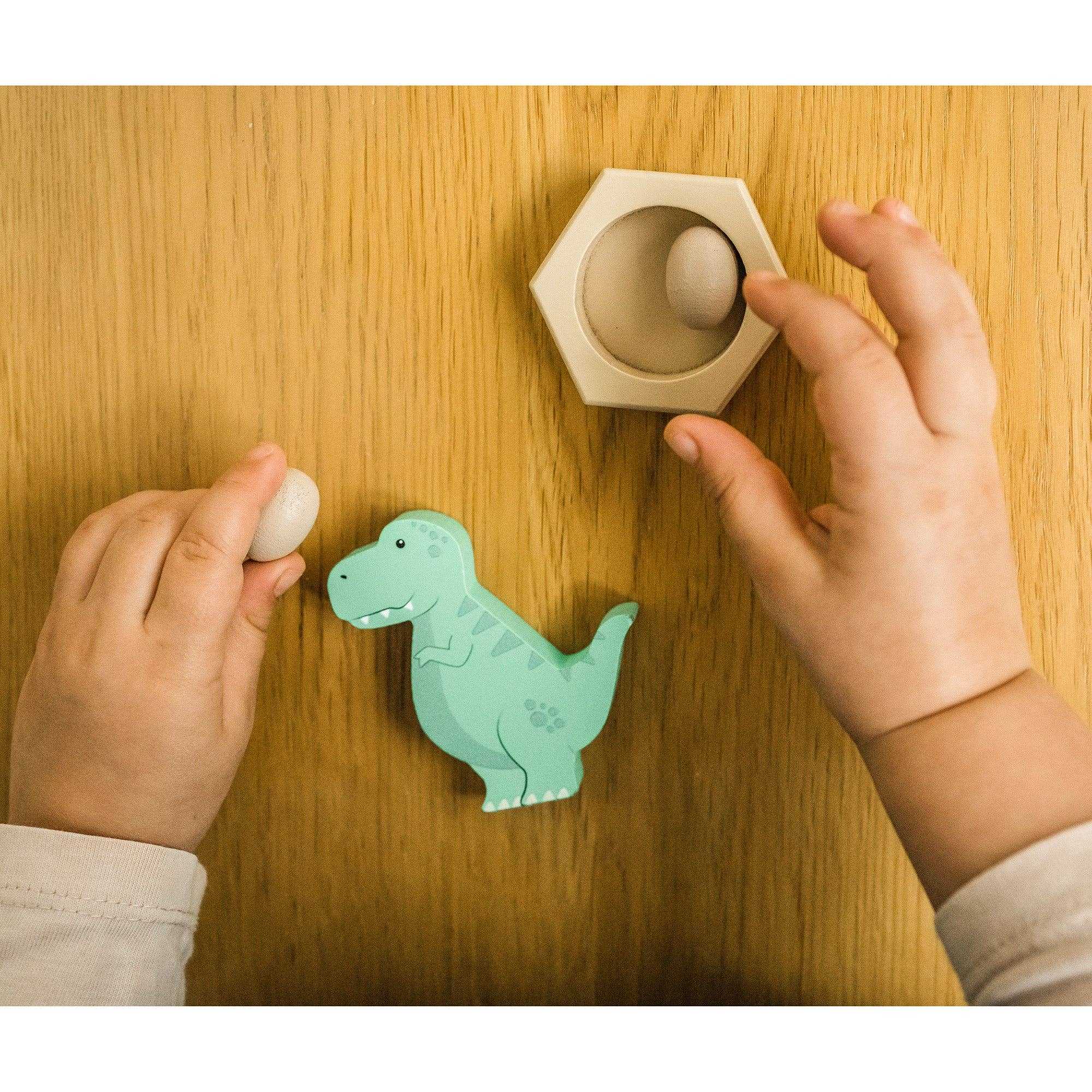 Close-up of child’s hands holding T-Rex and dinosaur egg from the Wooden Dinosaur Toy Play Set by Orange Tree Toys, age 3+.