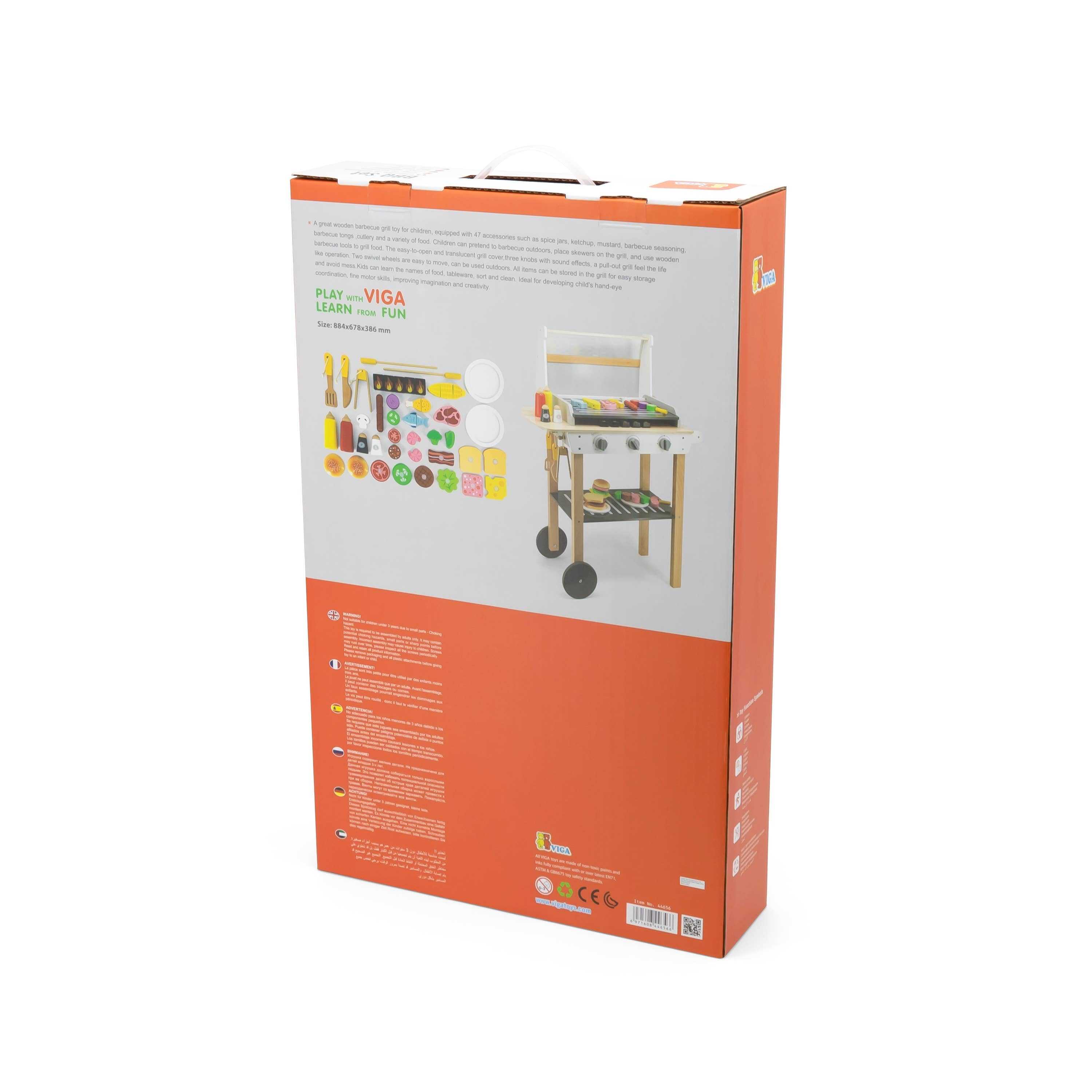 Back of the packaging for the wooden BBQ play set, displaying product details, features, and included accessories for pretend play.