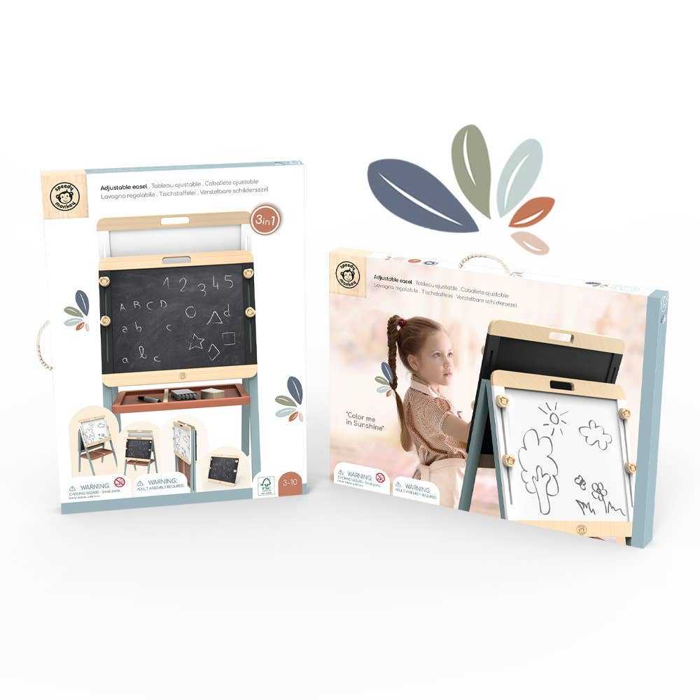 Retail packaging of Speedy Monkey Childs Wooden Adjustable Easel & Chalk Board showing product features and a child using the easel. Ideal gift for ages 3+.