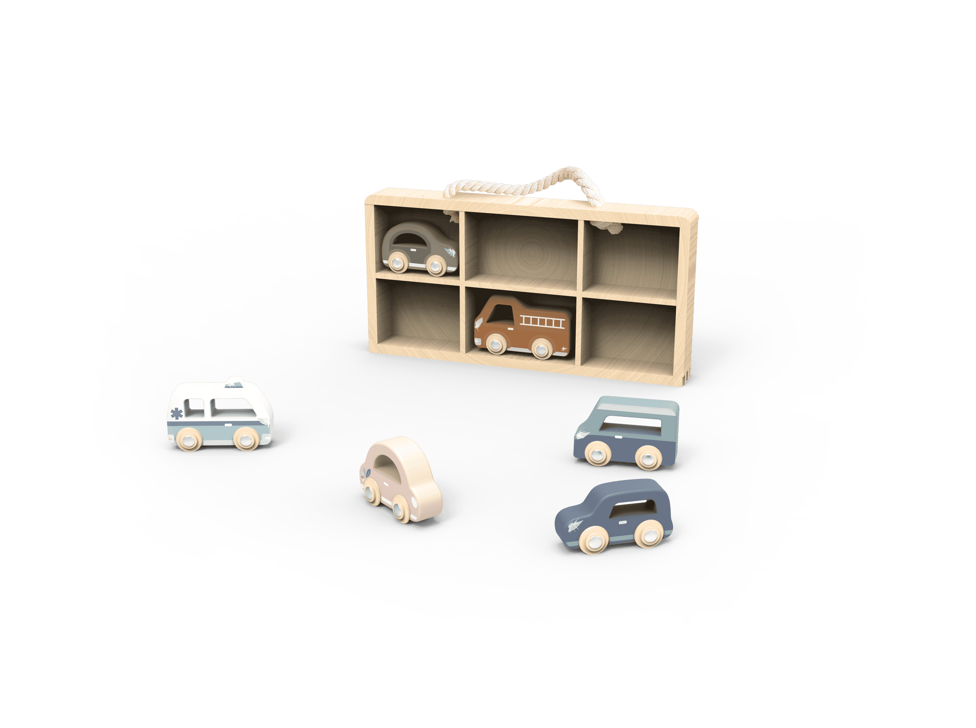Speedy Monkey Wooden Car Display Case with 4 toy cars placed outside and 2 inside, ideal for creative play and vehicle-themed fun for toddlers.
