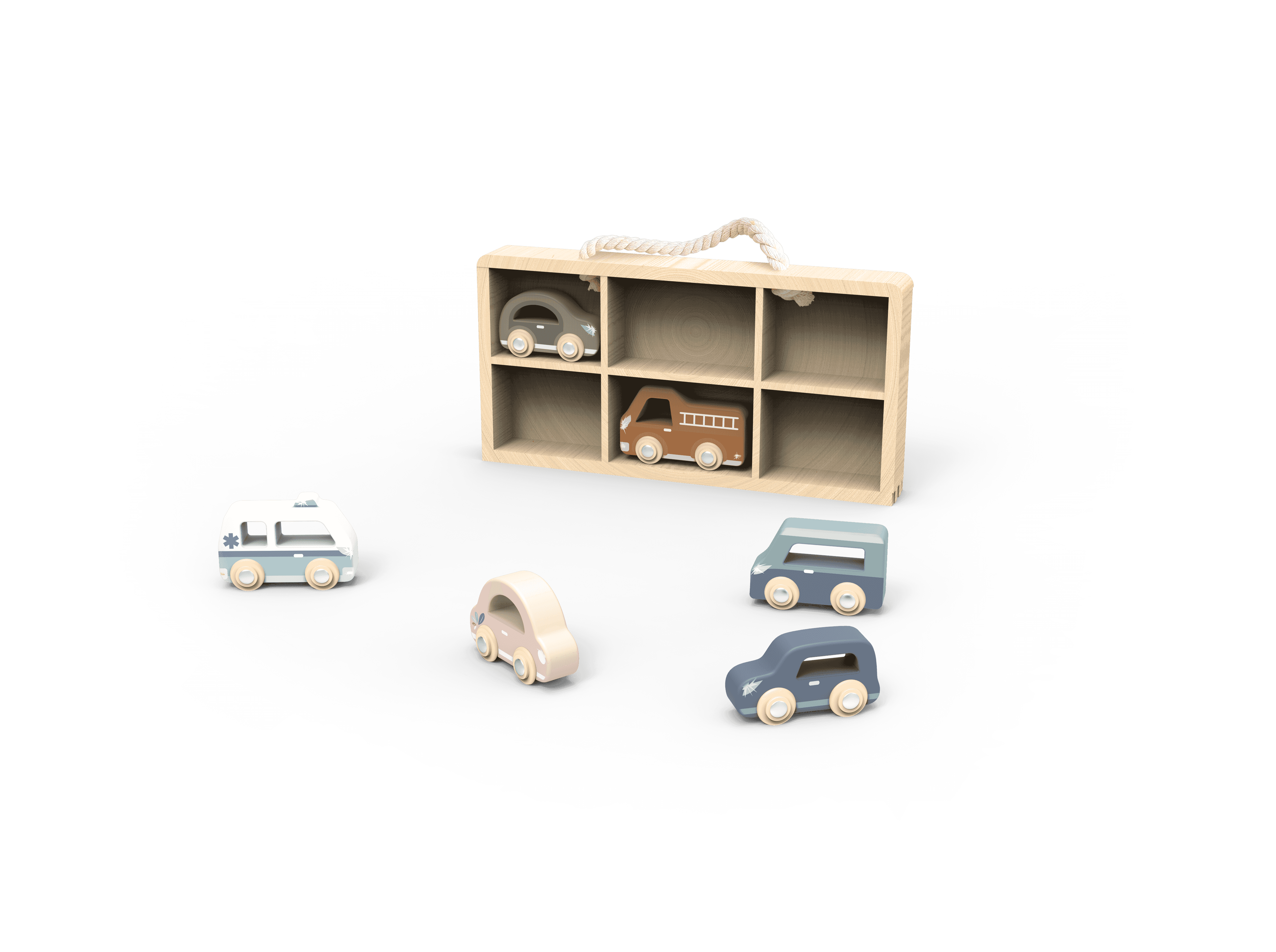 Speedy Monkey Wooden Car Display Case with 4 toy cars placed outside and 2 inside, ideal for creative play and vehicle-themed fun for toddlers.