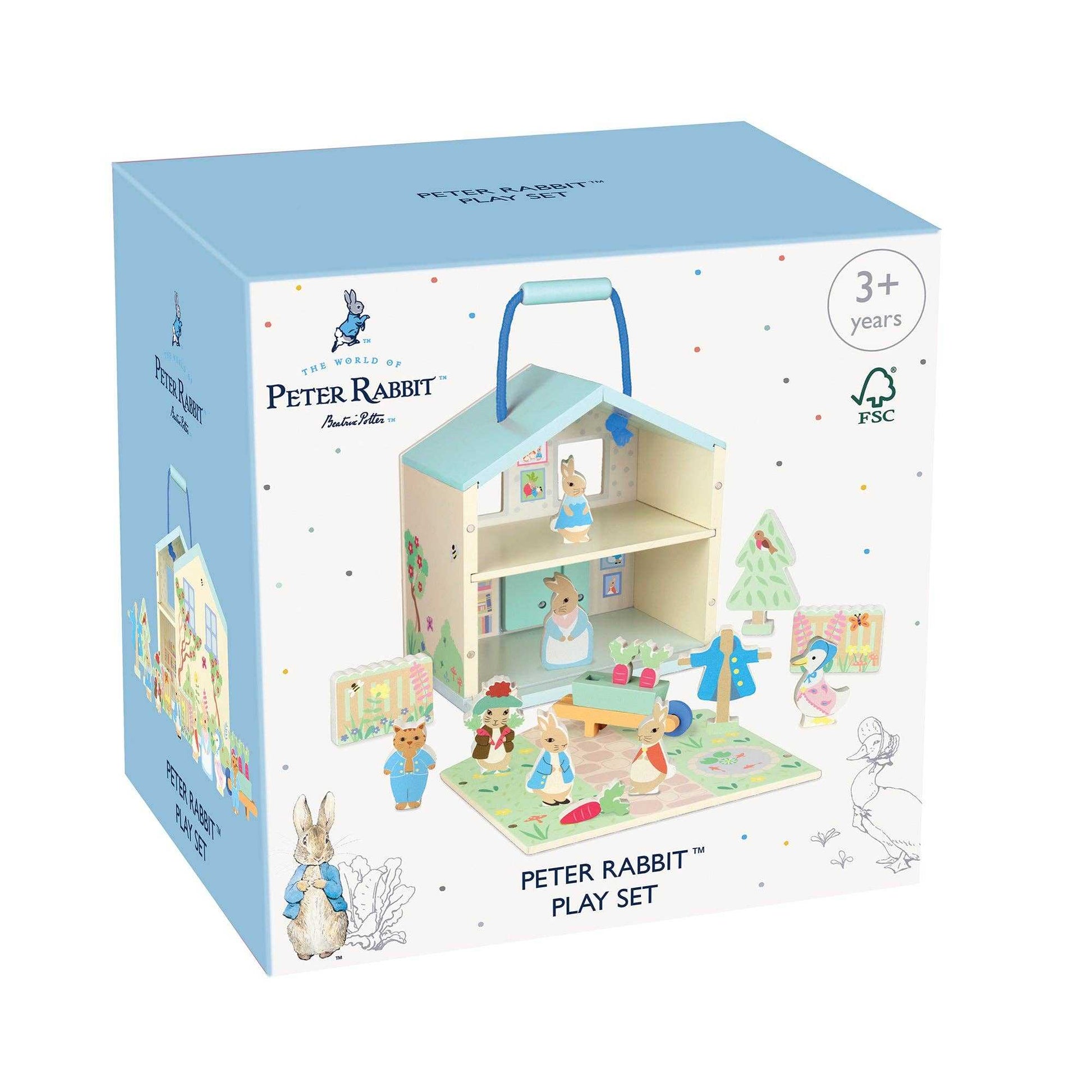 Retail packaging of Orange Tree Toys Wooden Peter Rabbit™ Character Play Set, highlighting FSC certification, age suitability, and included accessories.