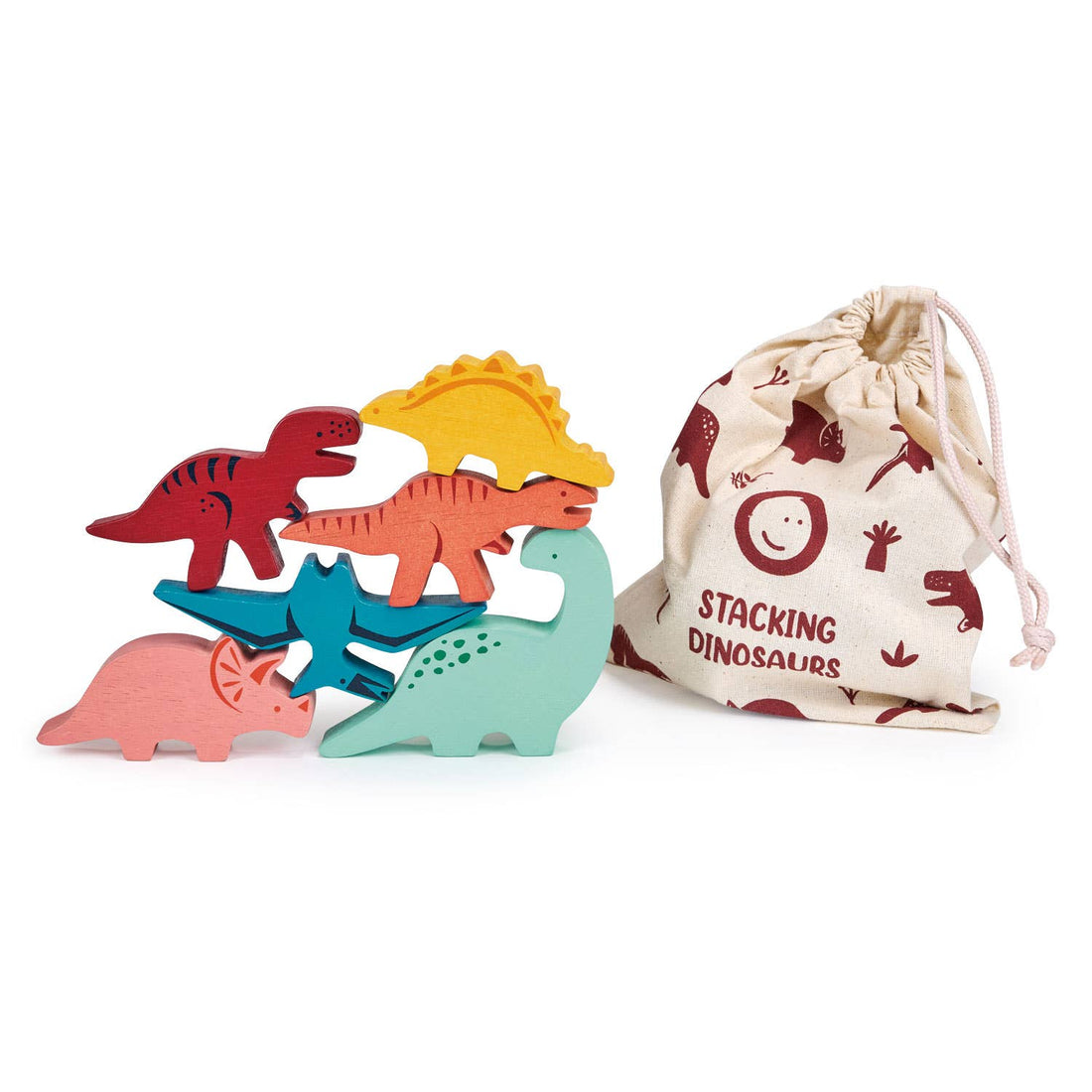Mentari Happy Stacking Dinosaurs Wooden Toy Play Set with six colorful dinosaur figures stacked beside a printed drawstring storage bag.