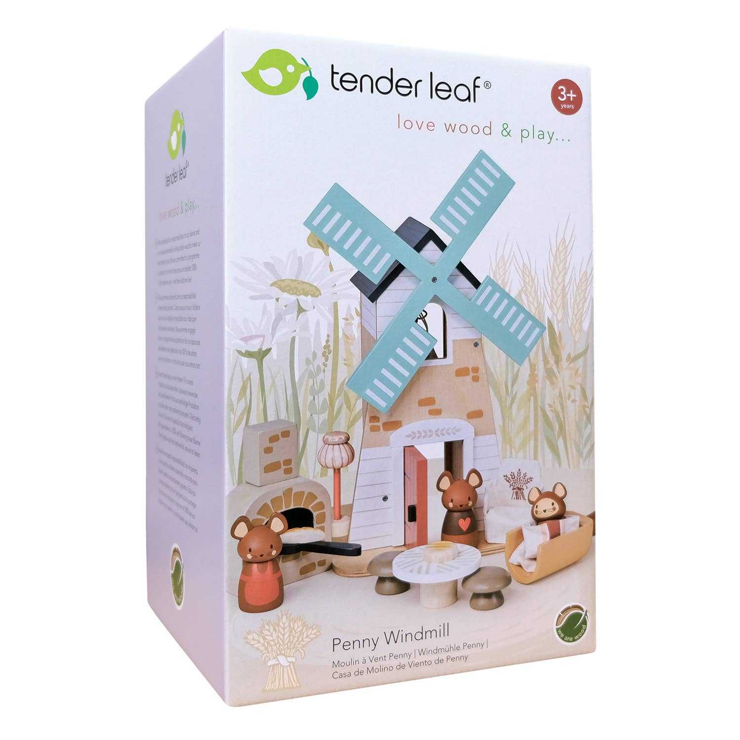 Retail packaging of Penny Windmill Character Play Set Wooden Toy by Tender Leaf, featuring product image and branding for ages 3 and up.