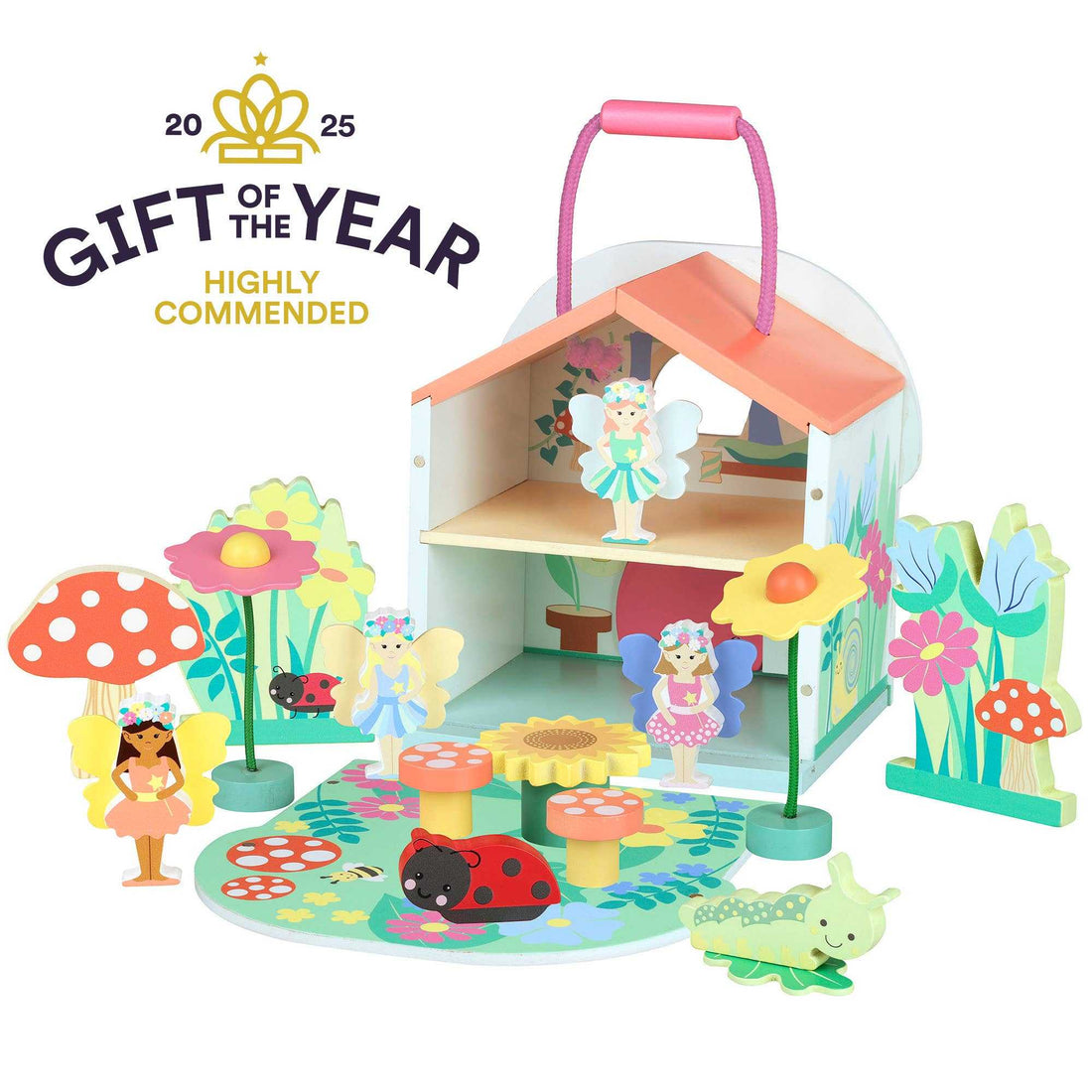 Orange Tree Toys Wooden Fairy Character House Play Set with 18 colorful pieces including fairies, bugs, and a floral play mat for ages 3+.