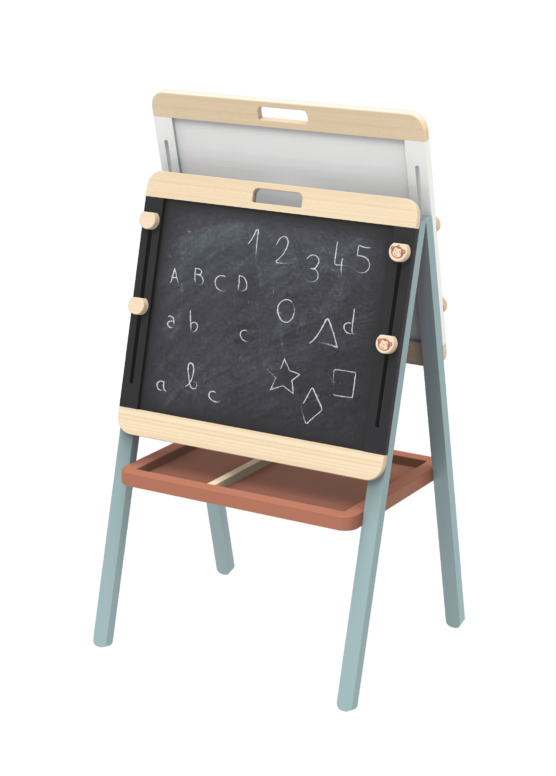 Angled view of Speedy Monkey Childs Wooden Adjustable Easel & Chalk Board with chalkboard side up. Features alphabet and number practice for early learners.