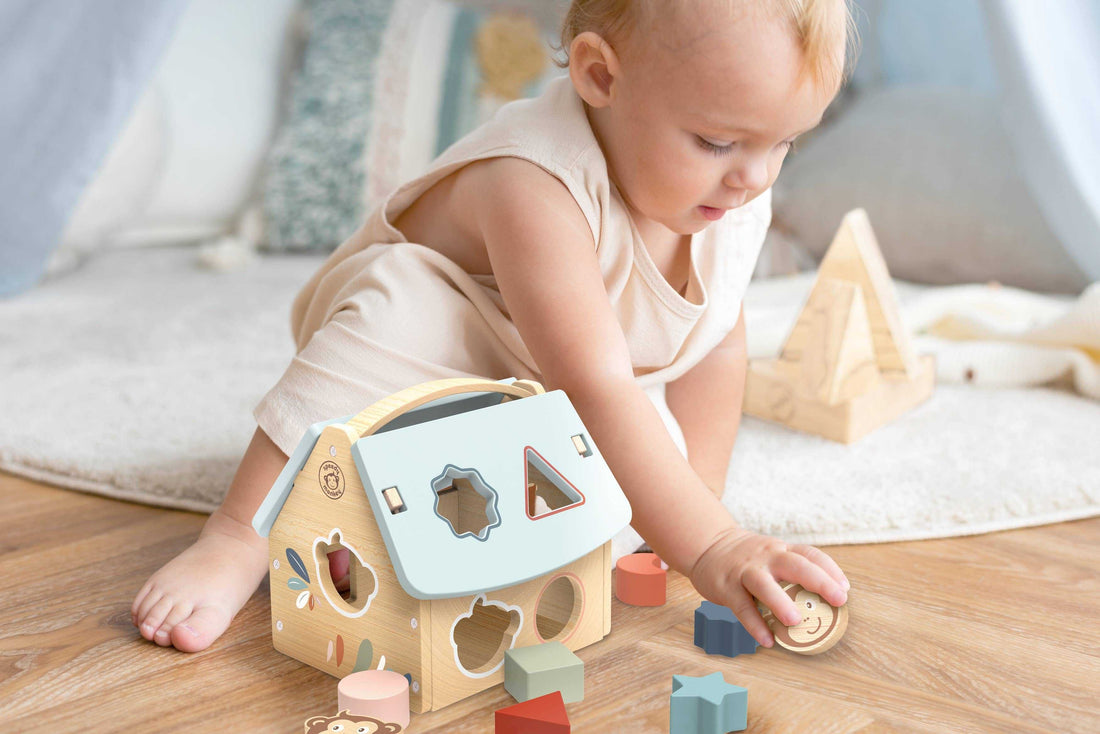 Speedy Monkey - Wooden Shape Sorter in house design with 8 colorful blocks for early learning. Ideal for toddlers aged 1-3 years.