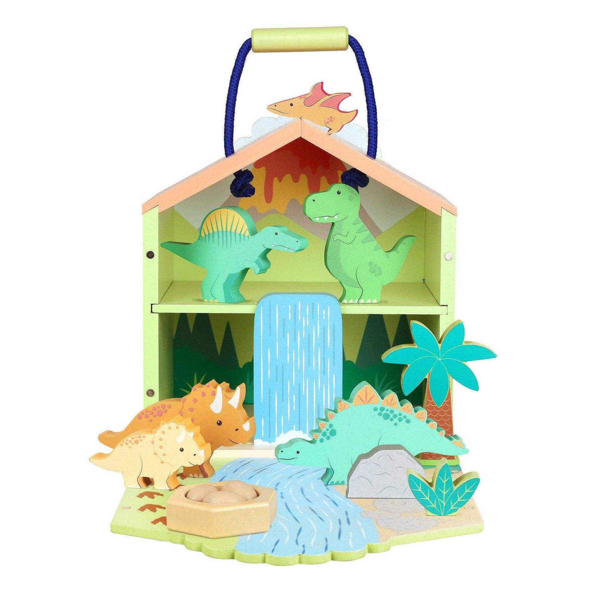 Wooden Dinosaur Toy Play Set by Orange Tree Toys showing T-Rex, Stegosaurus, and eggs near a waterfall in a fold-out playhouse.