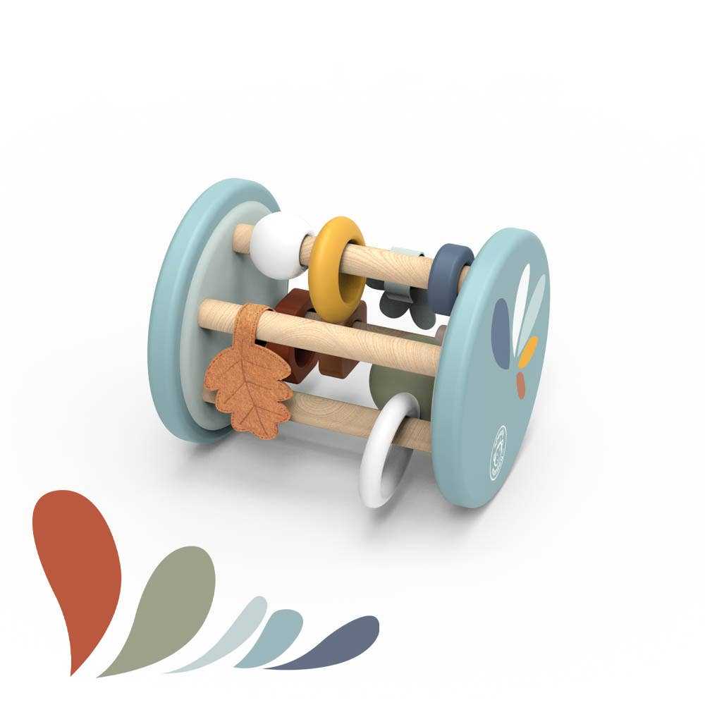 Speedy Monkey Wooden Big Roller Baby Rattle with colorful rings and leaf-shaped charm, designed to boost motor skills and sensory play.