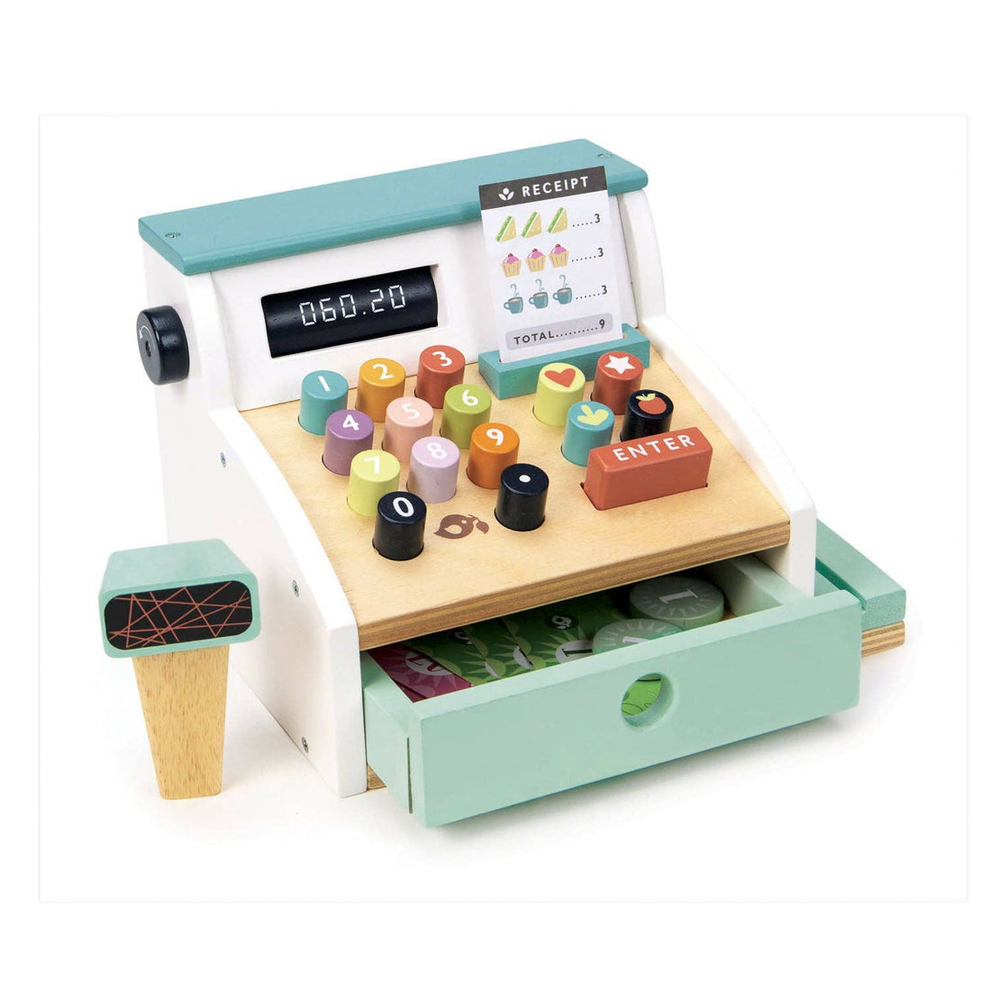 Wooden Role Play Shop Till & Scanner - General Stores Till with colorful buttons, play money, and a receipt for pretend shopping fun.