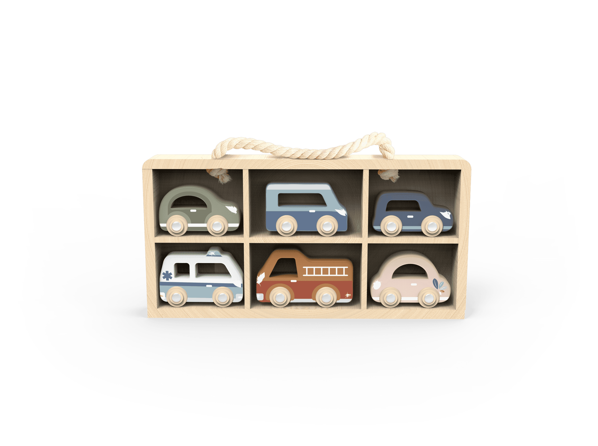 Front view of Speedy Monkey Wooden Car Display Case featuring 6 pastel-colored wooden vehicles in a compact, portable wooden storage box.
