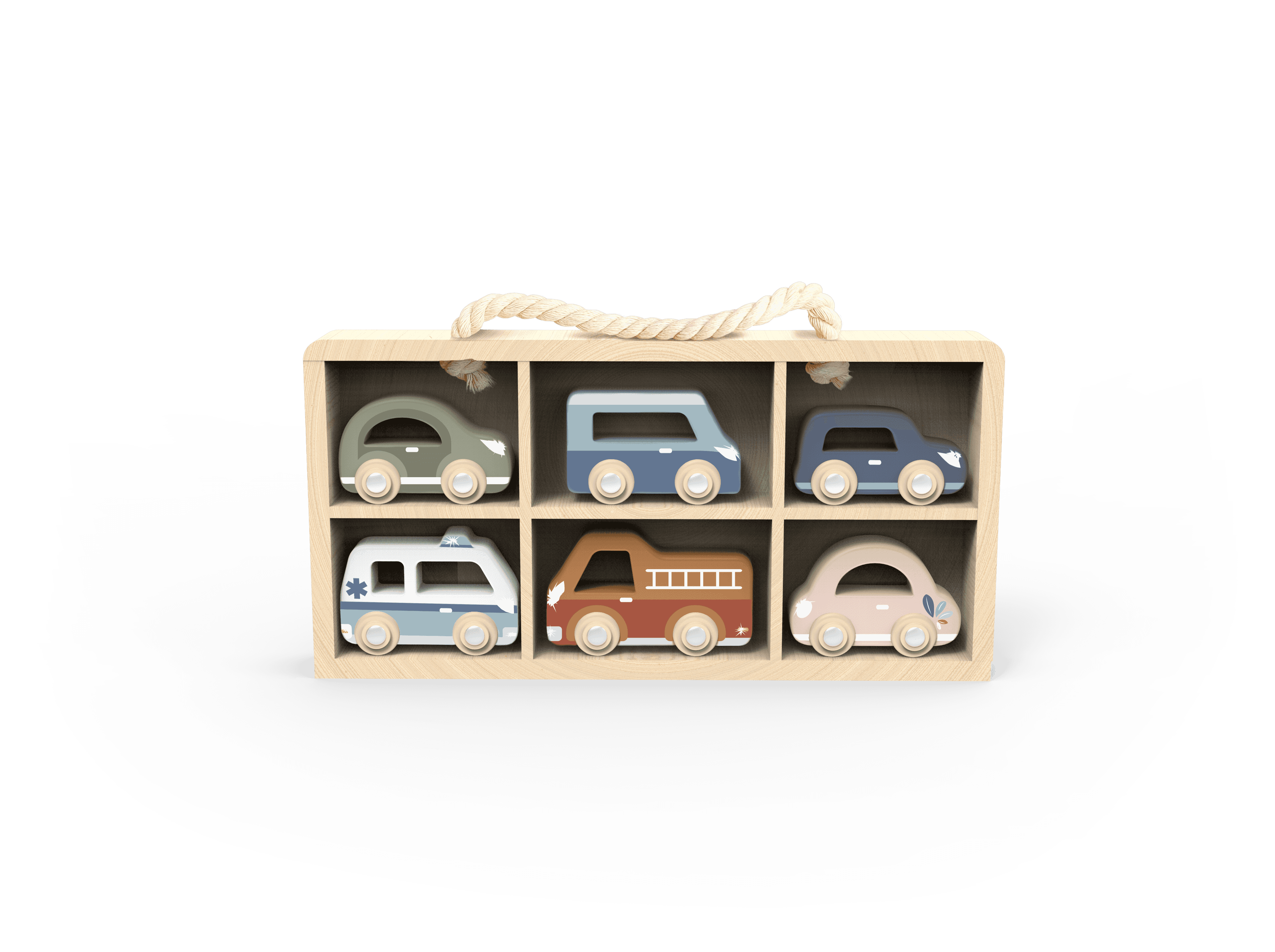 Front view of Speedy Monkey Wooden Car Display Case featuring 6 pastel-colored wooden vehicles in a compact, portable wooden storage box.