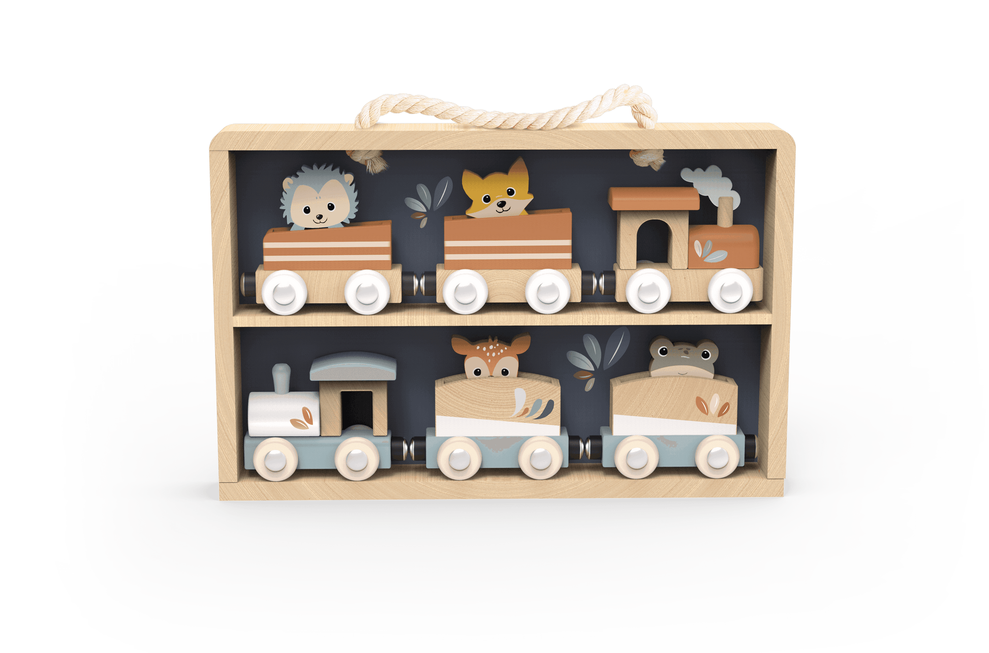 Speedy Monkey Wooden Trains Toy Set neatly arranged in a wooden display case with six pastel-colored animal-themed train cars, perfect for toddler play.