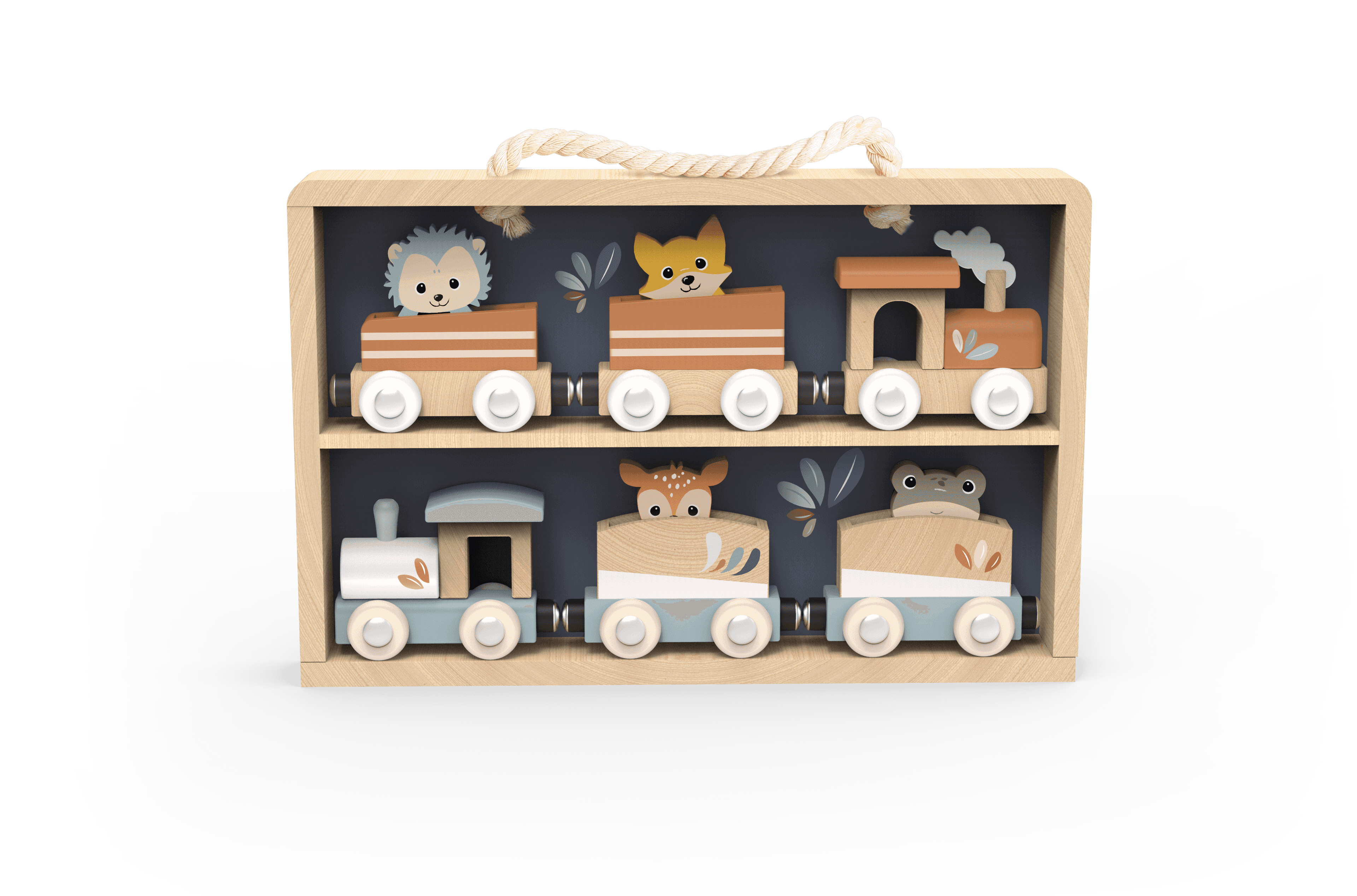 Speedy Monkey Wooden Trains Toy Set neatly arranged in a wooden display case with six pastel-colored animal-themed train cars, perfect for toddler play.