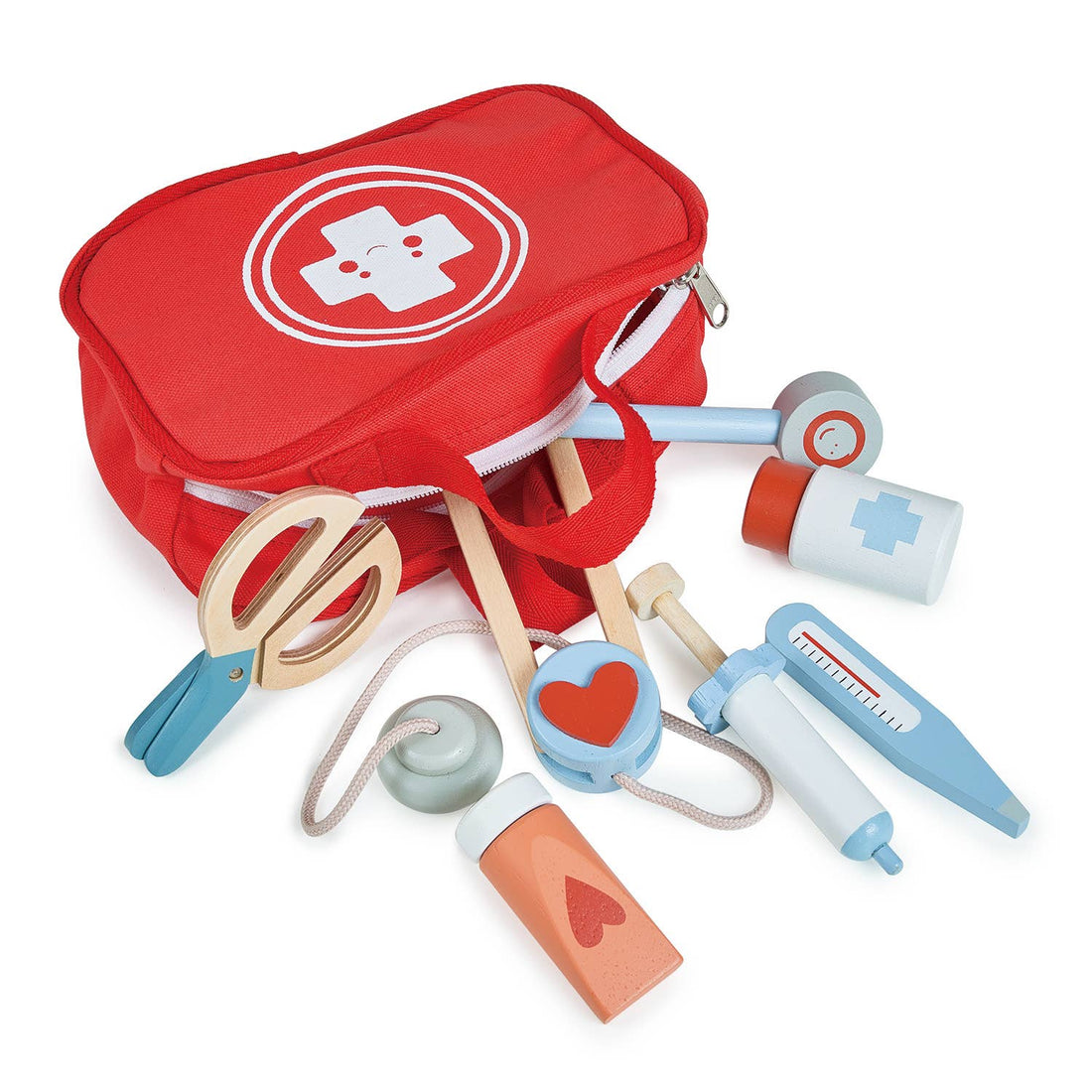 My First Aid Kit wooden role play toy featuring a red doctor's bag with a white cross and smiling face, along with wooden medical tools like a stethoscope, syringe, and thermometer. Ideal for pretend play for kids aged 3 and up.