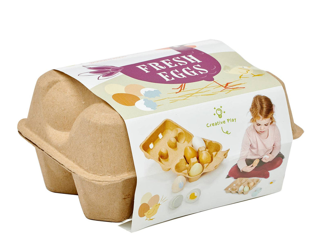 Wooden Eggs Toy Food set with six realistic wooden eggs in a cardboard carton, ideal for kitchen role play for kids aged 3 and up.